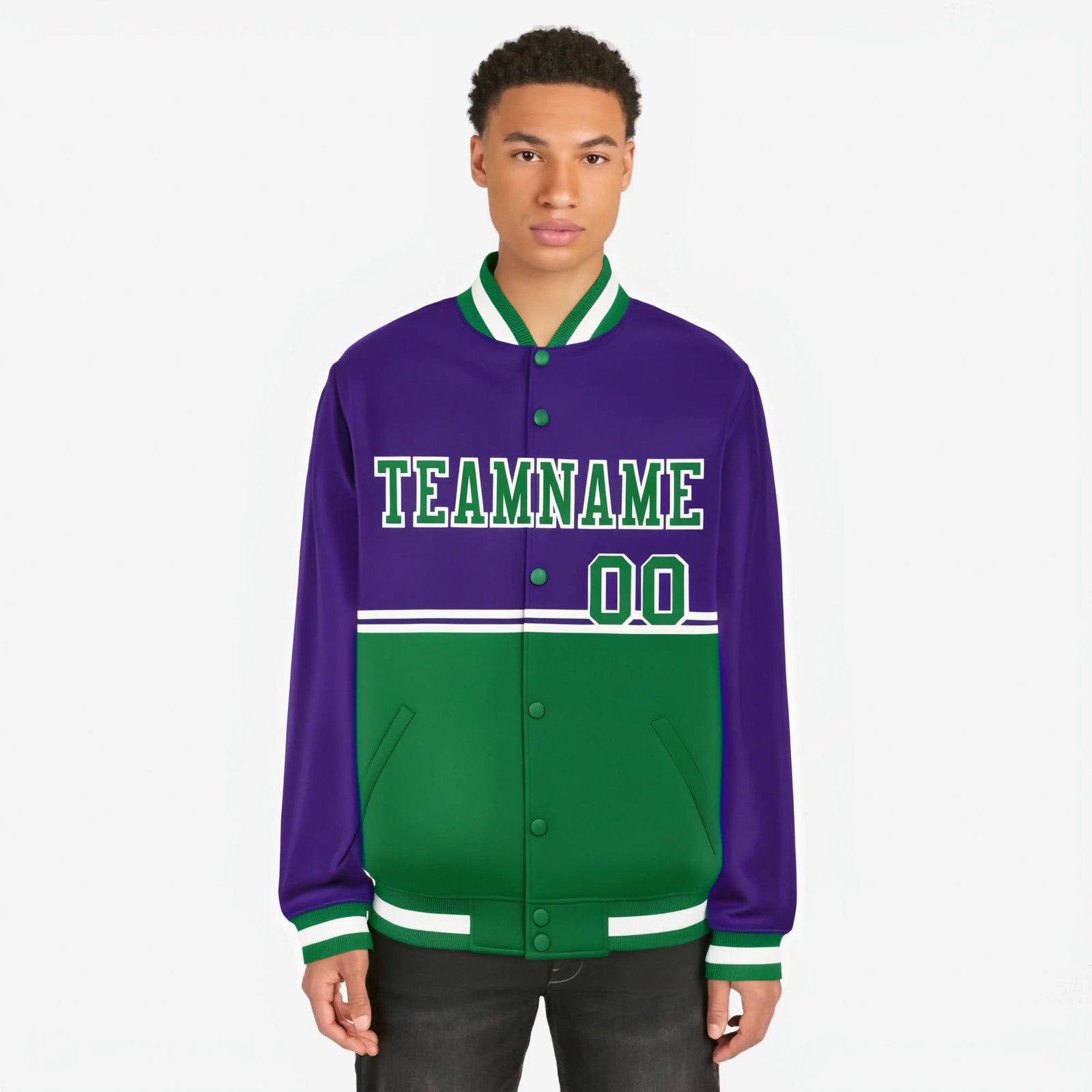 Custom Purple Kelly Green-Purple Varsity Full-Snap Letterman Color-Matching Split Fashion Jacket