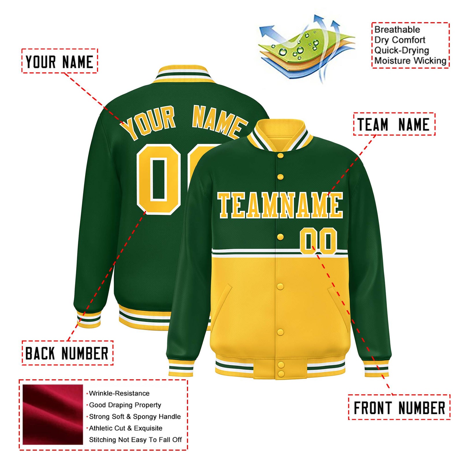 Custom Green Gold-Green Varsity Full-Snap Letterman Color-Matching Split Fashion Jacket