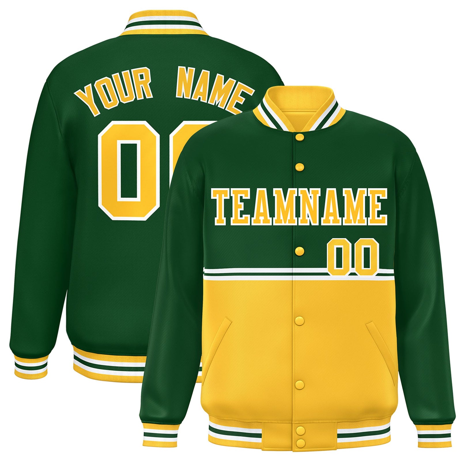Custom Green Gold-Green Varsity Full-Snap Letterman Color-Matching Split Fashion Jacket