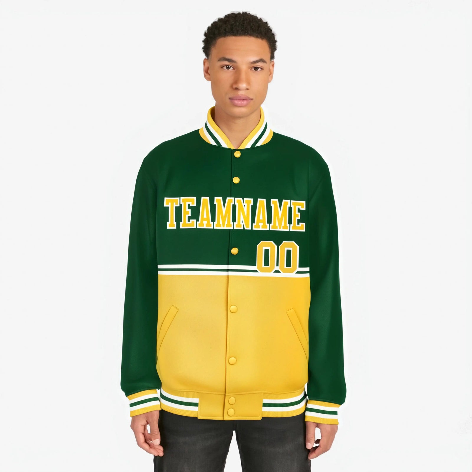 Custom Green Gold-Green Varsity Full-Snap Letterman Color-Matching Split Fashion Jacket