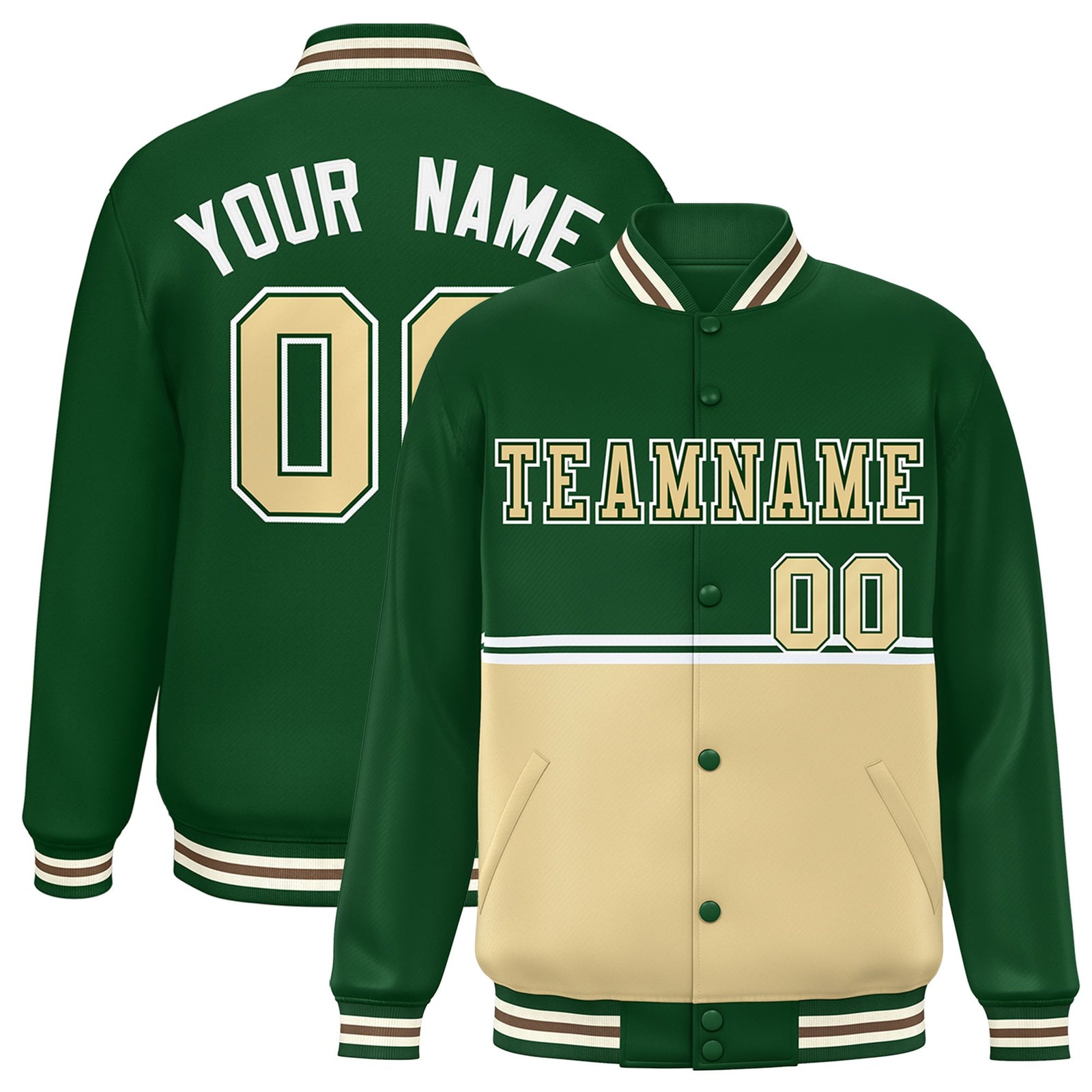 Custom Green Cream-Green Varsity Full-Snap Letterman Color-Matching Split Fashion Jacket