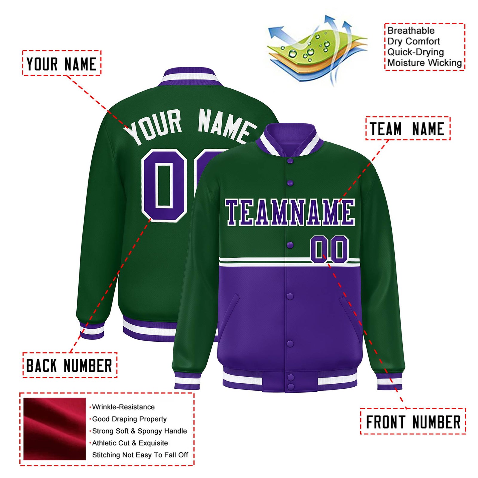 Custom Green Purple-Green Varsity Full-Snap Letterman Color-Matching Split Fashion Jacket