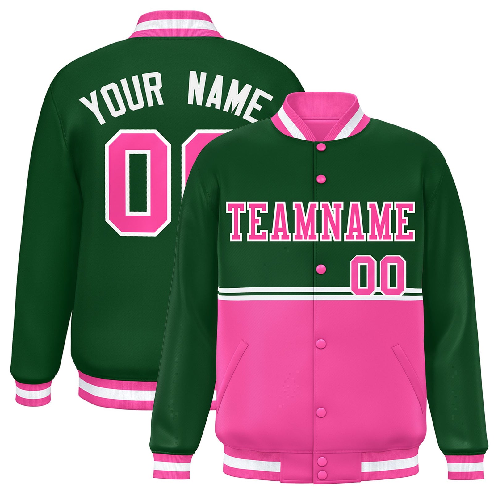 Custom Green Pink-Green Varsity Full-Snap Letterman Color-Matching Split Fashion Jacket