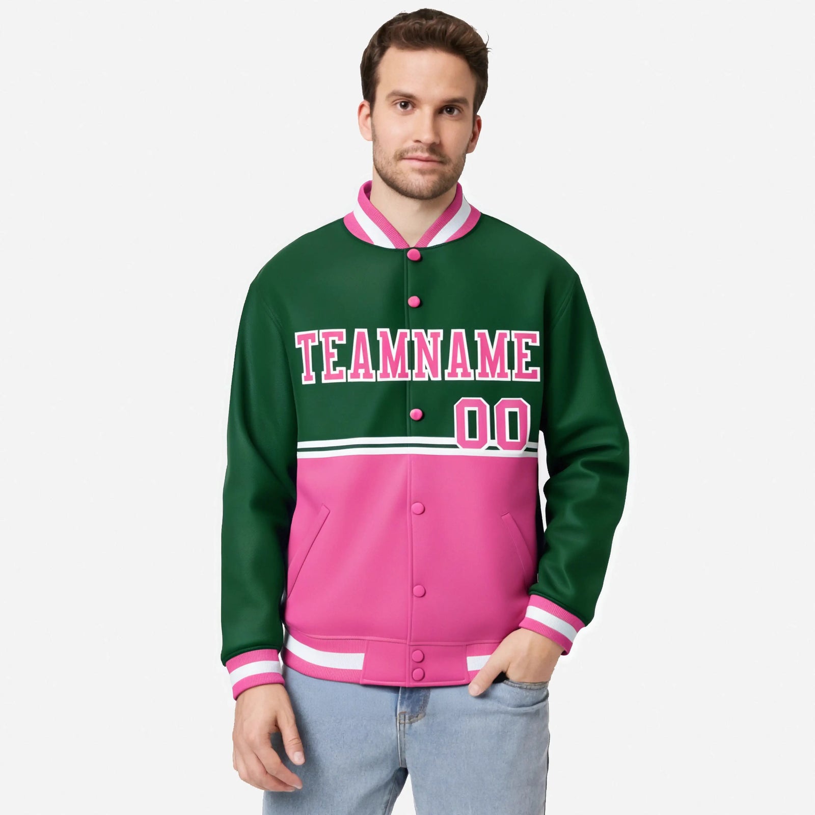 Custom Green Pink-Green Varsity Full-Snap Letterman Color-Matching Split Fashion Jacket