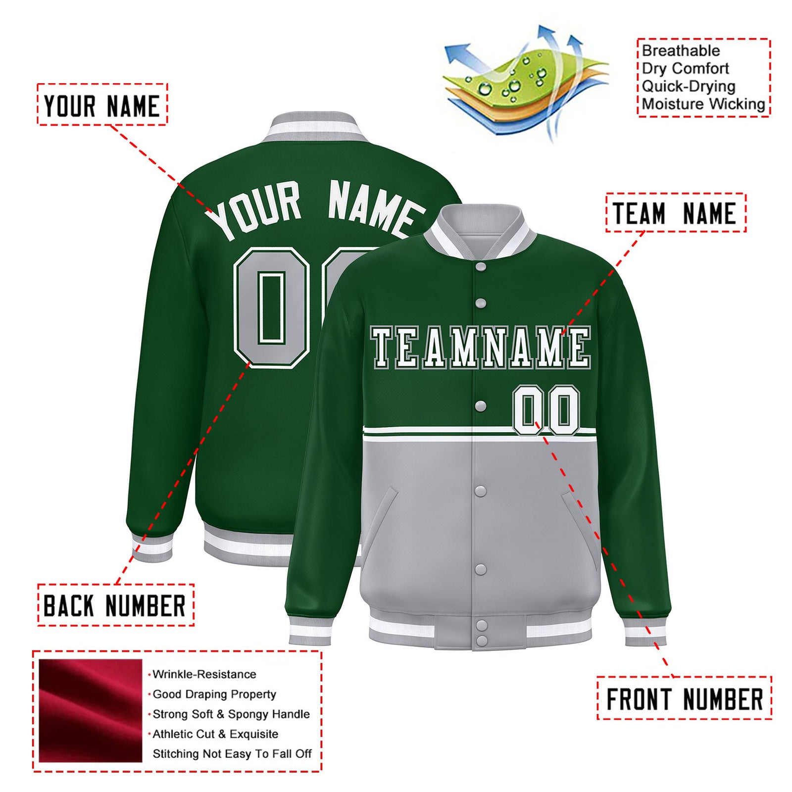 Custom Green-Gray-Green Varsity Full-Snap Letterman Color-Matching Split Fashion Jacket