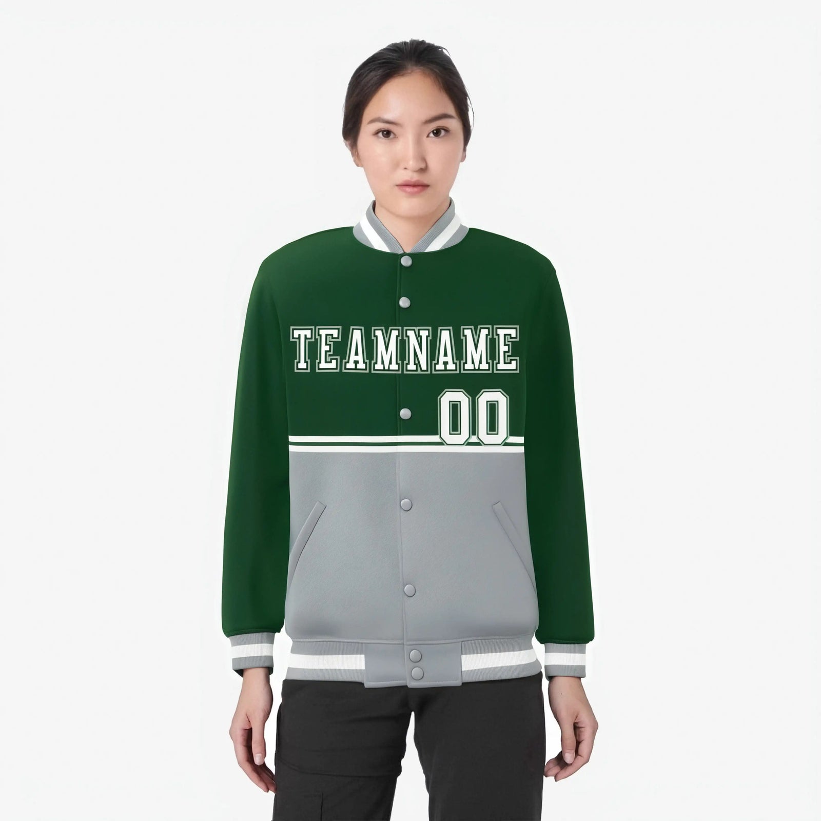 Custom Green-Gray-Green Varsity Full-Snap Letterman Color-Matching Split Fashion Jacket