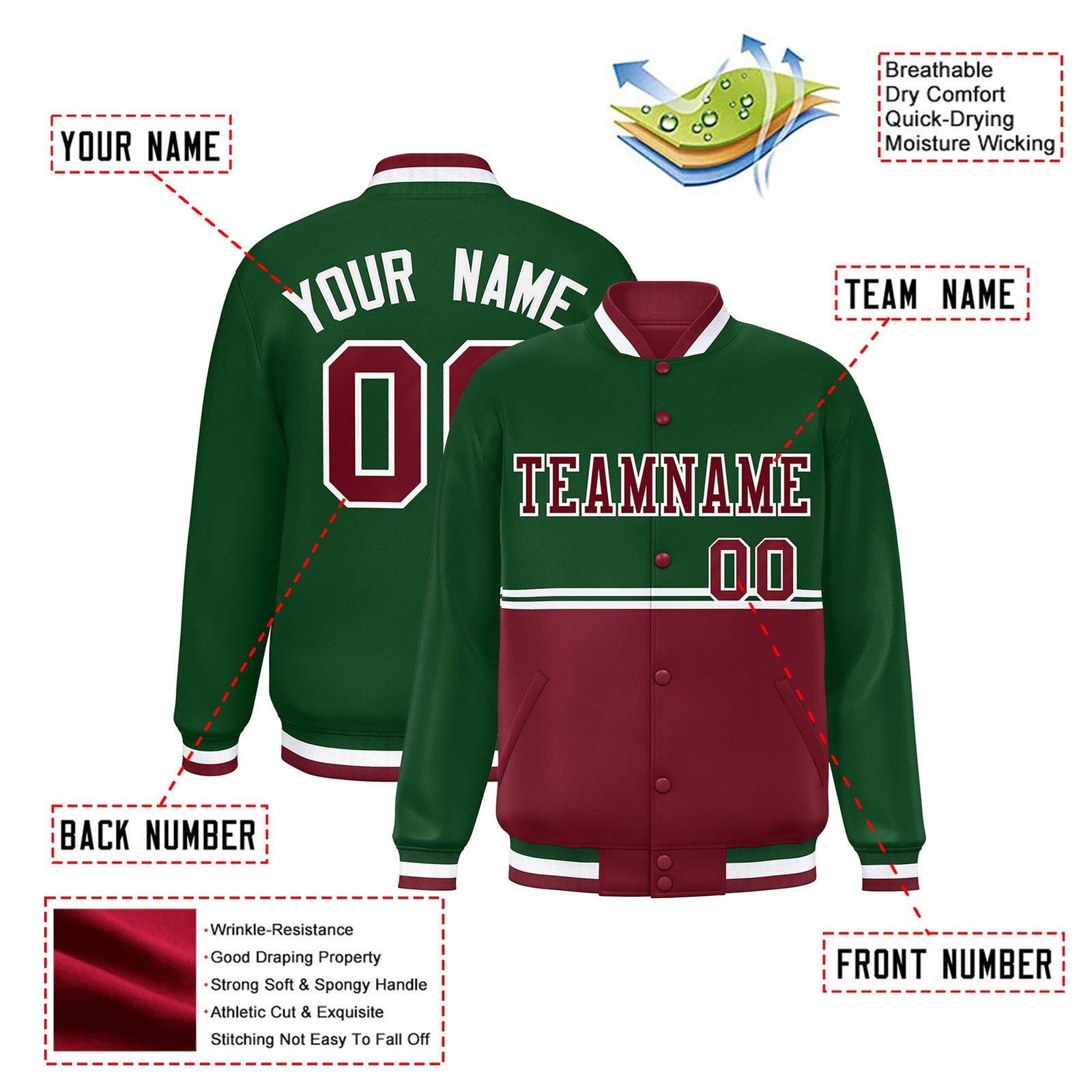 Custom Green-Crimson-Green Varsity Full-Snap Letterman Color-Matching Split Fashion Jacket