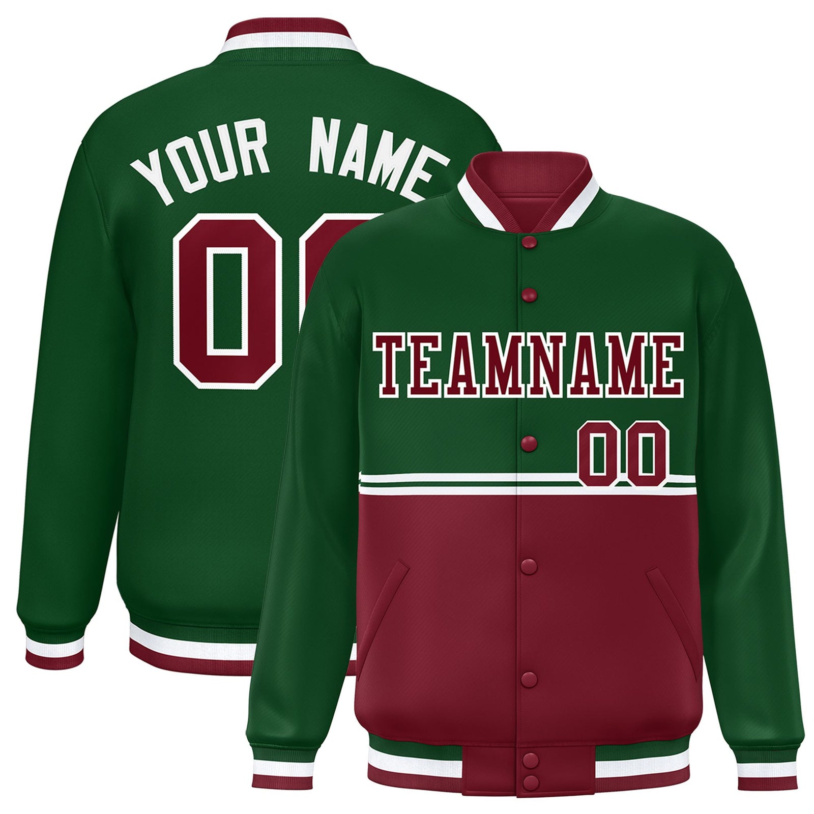 Custom Green-Crimson-Green Varsity Full-Snap Letterman Color-Matching Split Fashion Jacket