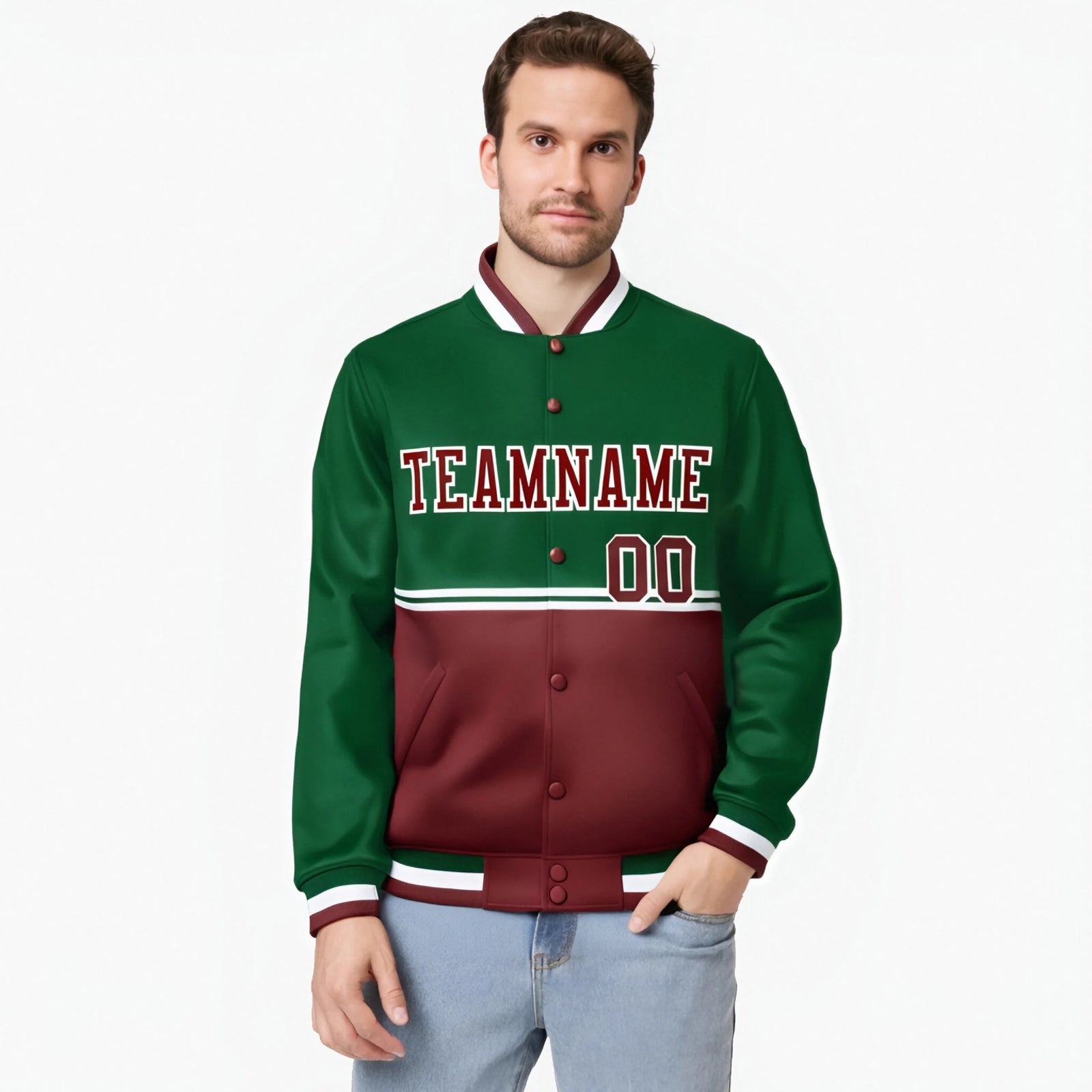 Custom Green-Crimson-Green Varsity Full-Snap Letterman Color-Matching Split Fashion Jacket