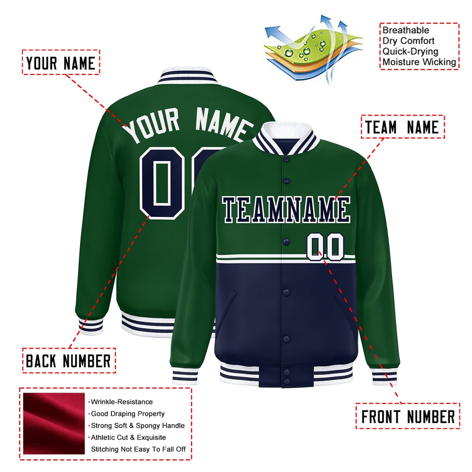 Custom Green-Navy-Green Varsity Full-Snap Letterman Color-Matching Split Fashion Jacket