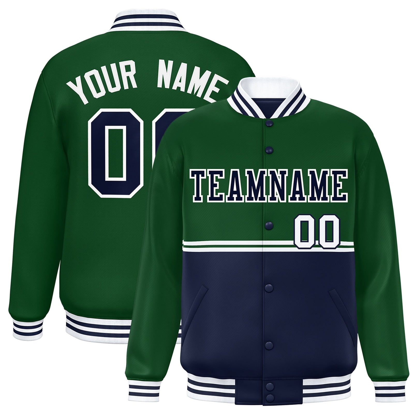 Custom Green-Navy-Green Varsity Full-Snap Letterman Color-Matching Split Fashion Jacket