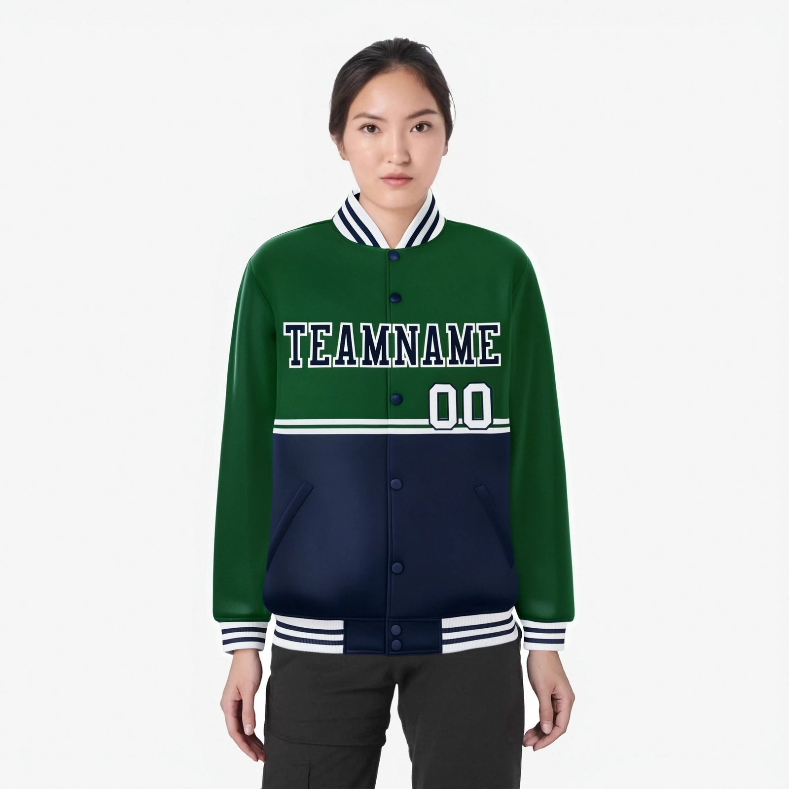 Custom Green-Navy-Green Varsity Full-Snap Letterman Color-Matching Split Fashion Jacket