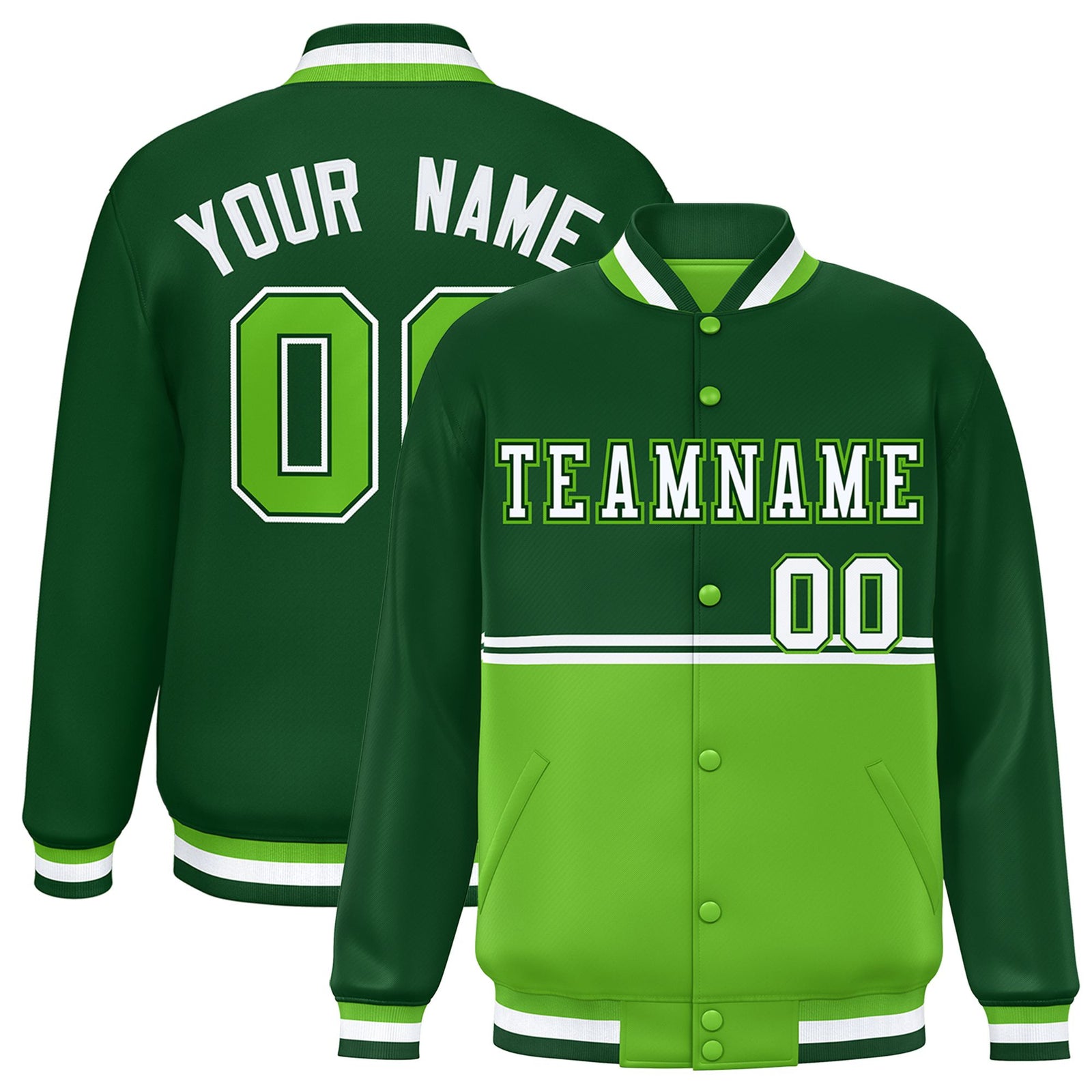 Custom Green-Neon Green-Green Varsity Full-Snap Letterman Color-Matching Split Fashion Jacket