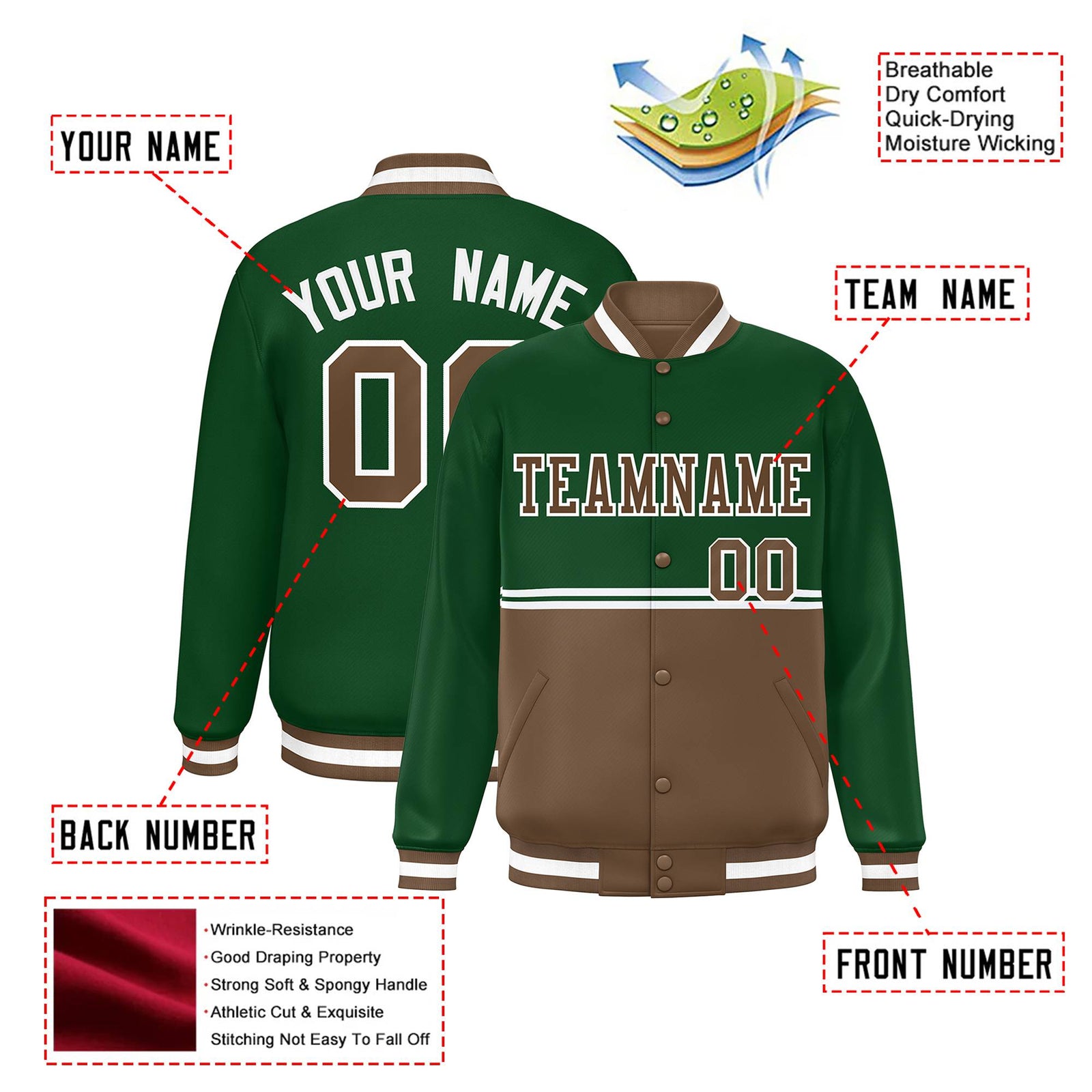 Custom Green-Brown-Green Varsity Full-Snap Letterman Color-Matching Split Fashion Jacket