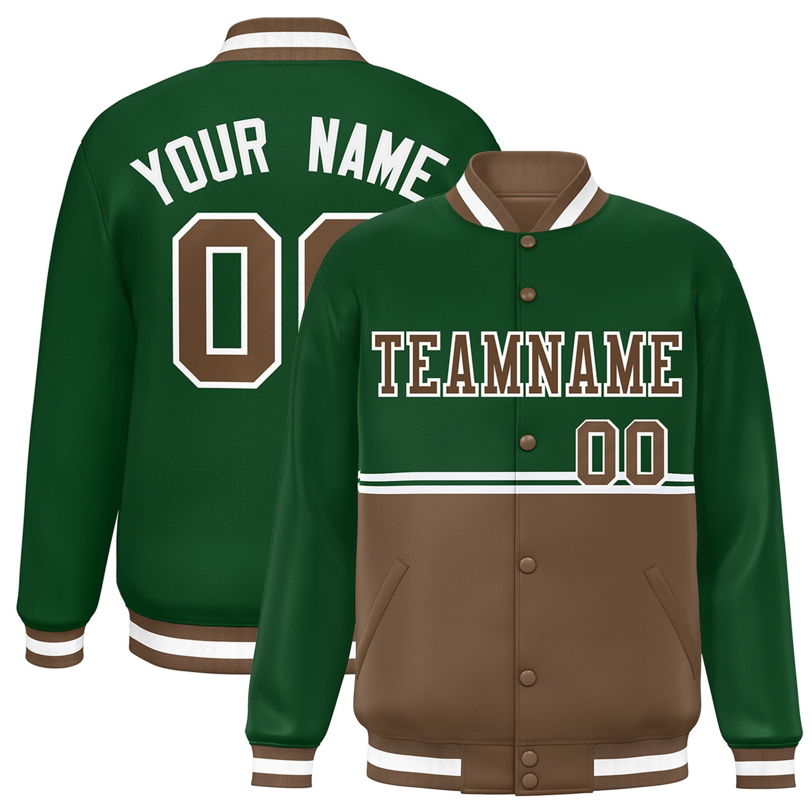 Custom Green-Brown-Green Varsity Full-Snap Letterman Color-Matching Split Fashion Jacket