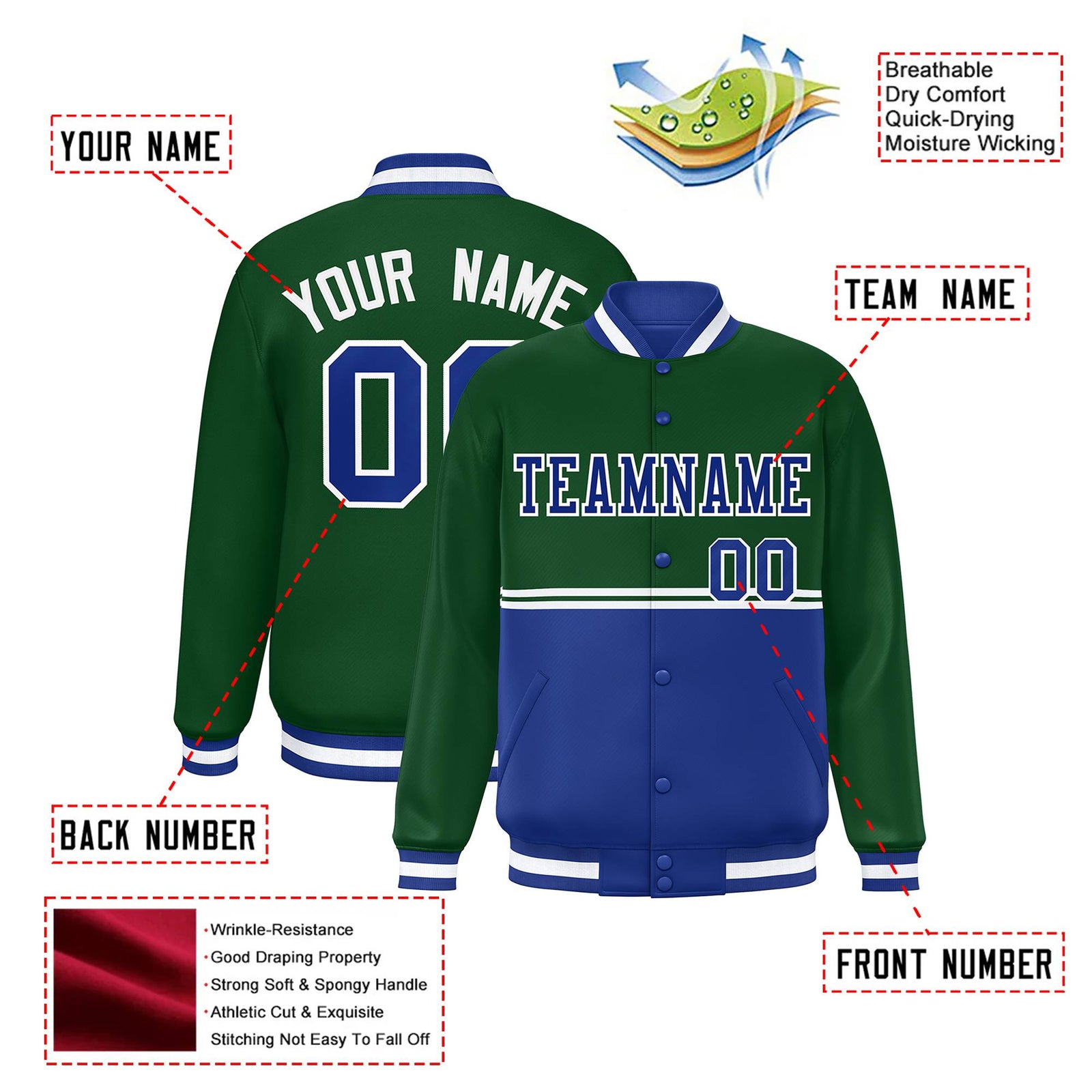 Custom Green-Royal Blue-Green Varsity Full-Snap Letterman Color-Matching Split Fashion Jacket