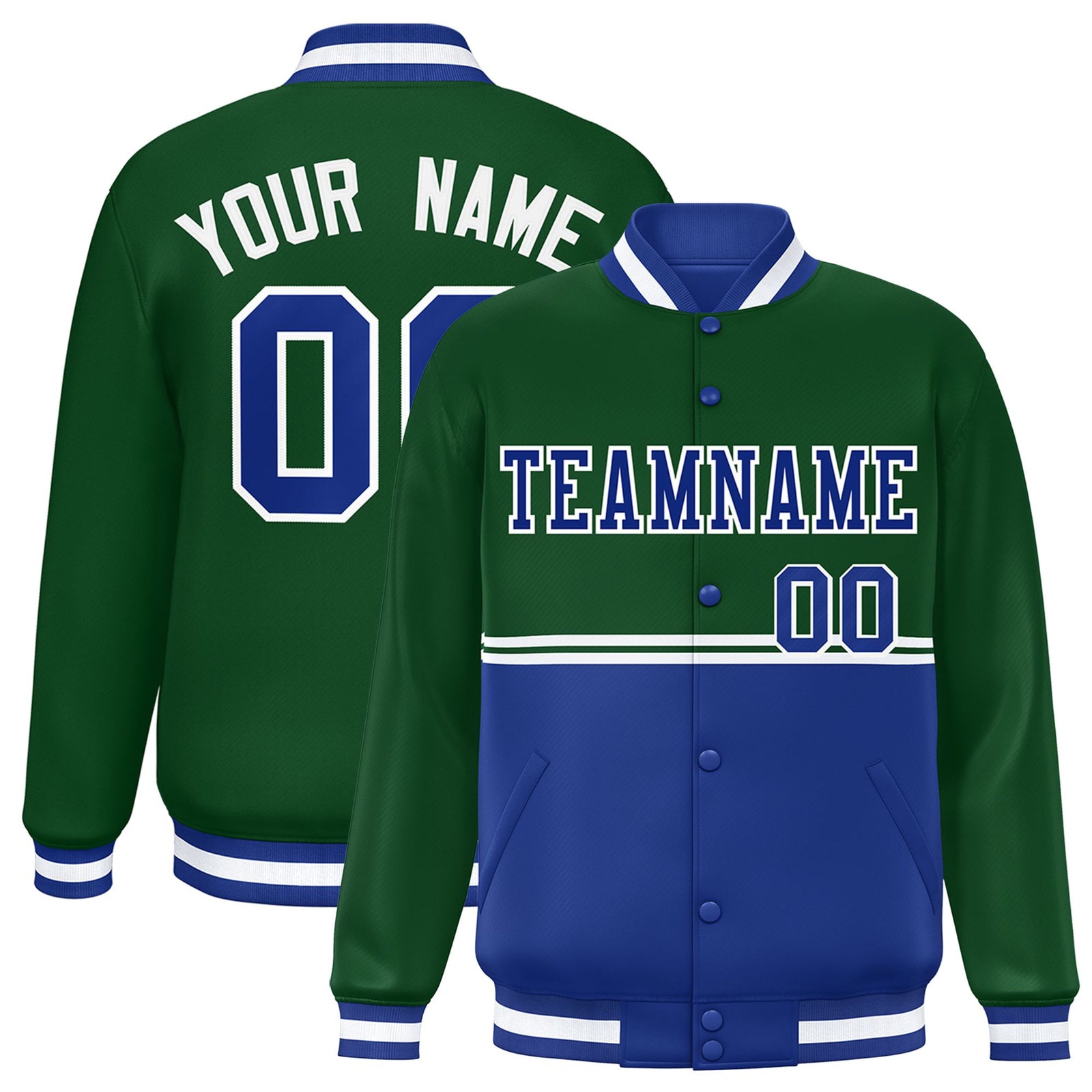 Custom Green-Royal Blue-Green Varsity Full-Snap Letterman Color-Matching Split Fashion Jacket