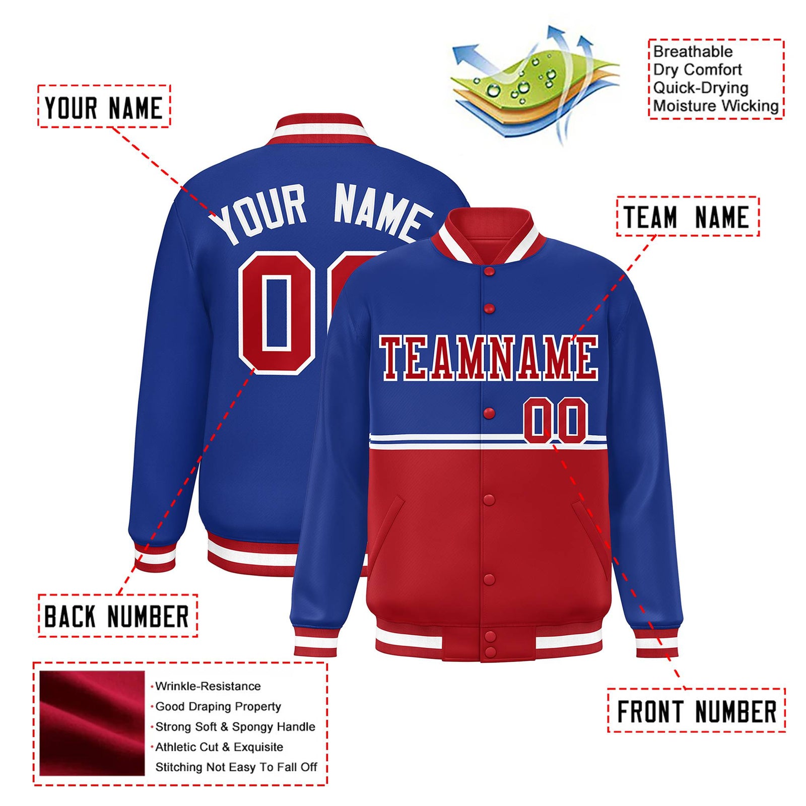 Custom Royal Blue-Red-Royal Blue Varsity Full-Snap Letterman Color-Matching Split Fashion Jacket
