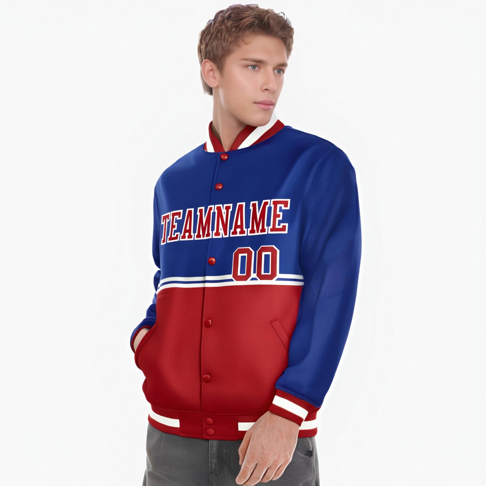 Custom Royal Blue-Red-Royal Blue Varsity Full-Snap Letterman Color-Matching Split Fashion Jacket