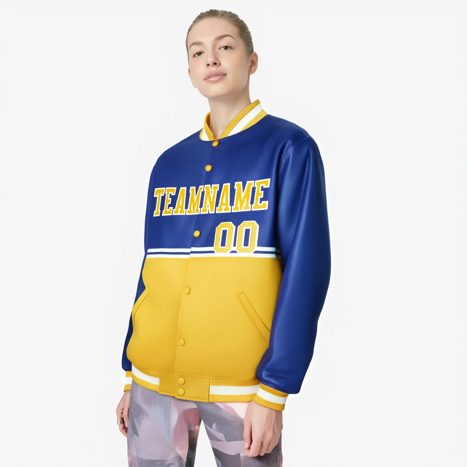 Custom Royal Blue-Gold-Royal Blue Varsity Full-Snap Letterman Color-Matching Split Fashion Jacket
