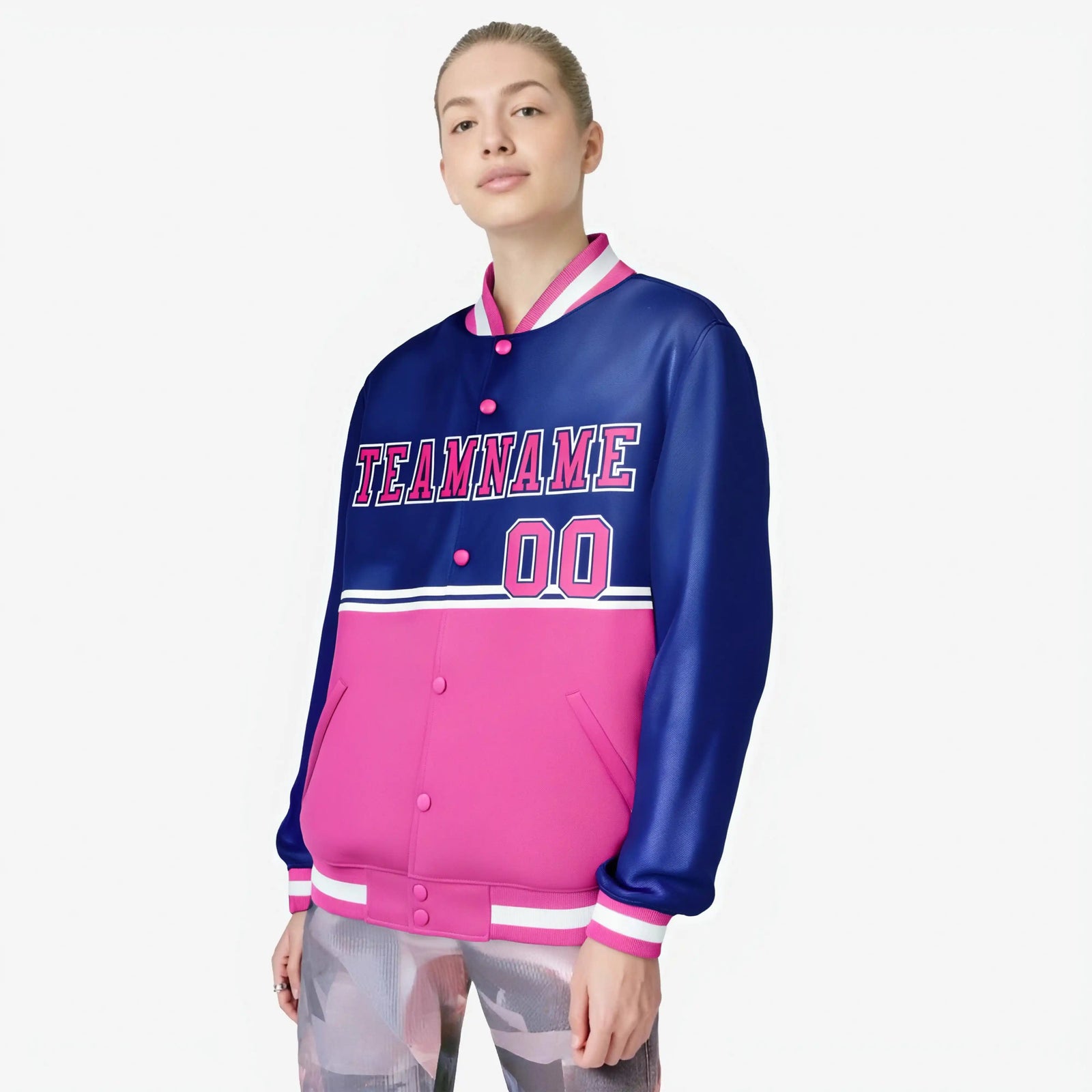Custom Royal Blue-Pink-Royal Blue Varsity Full-Snap Letterman Color-Matching Split Fashion Jacket