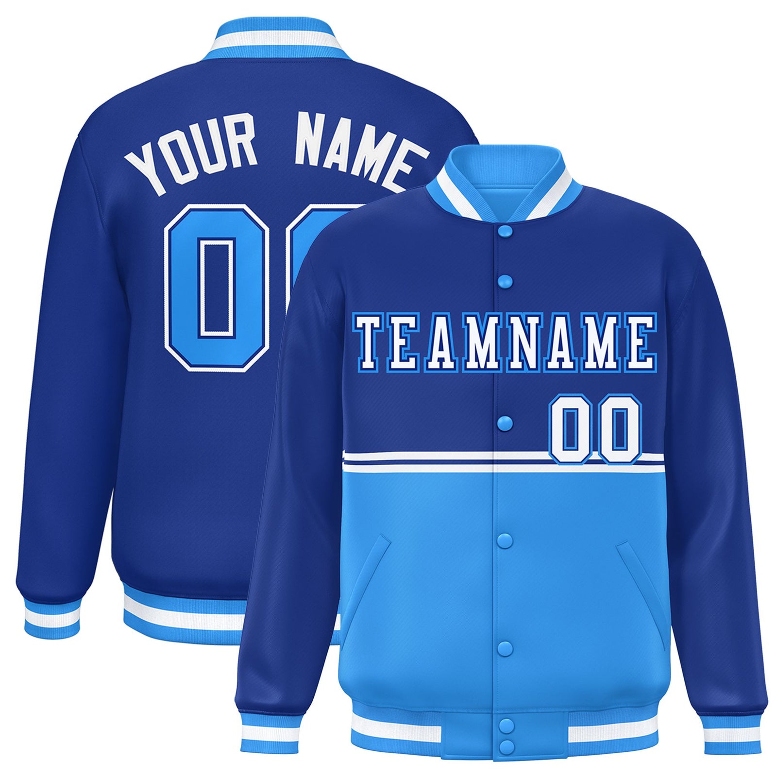 Custom Royal Blue-Powder Blue-Royal Blue Varsity Full-Snap Letterman Color-Matching Split Fashion Jacket