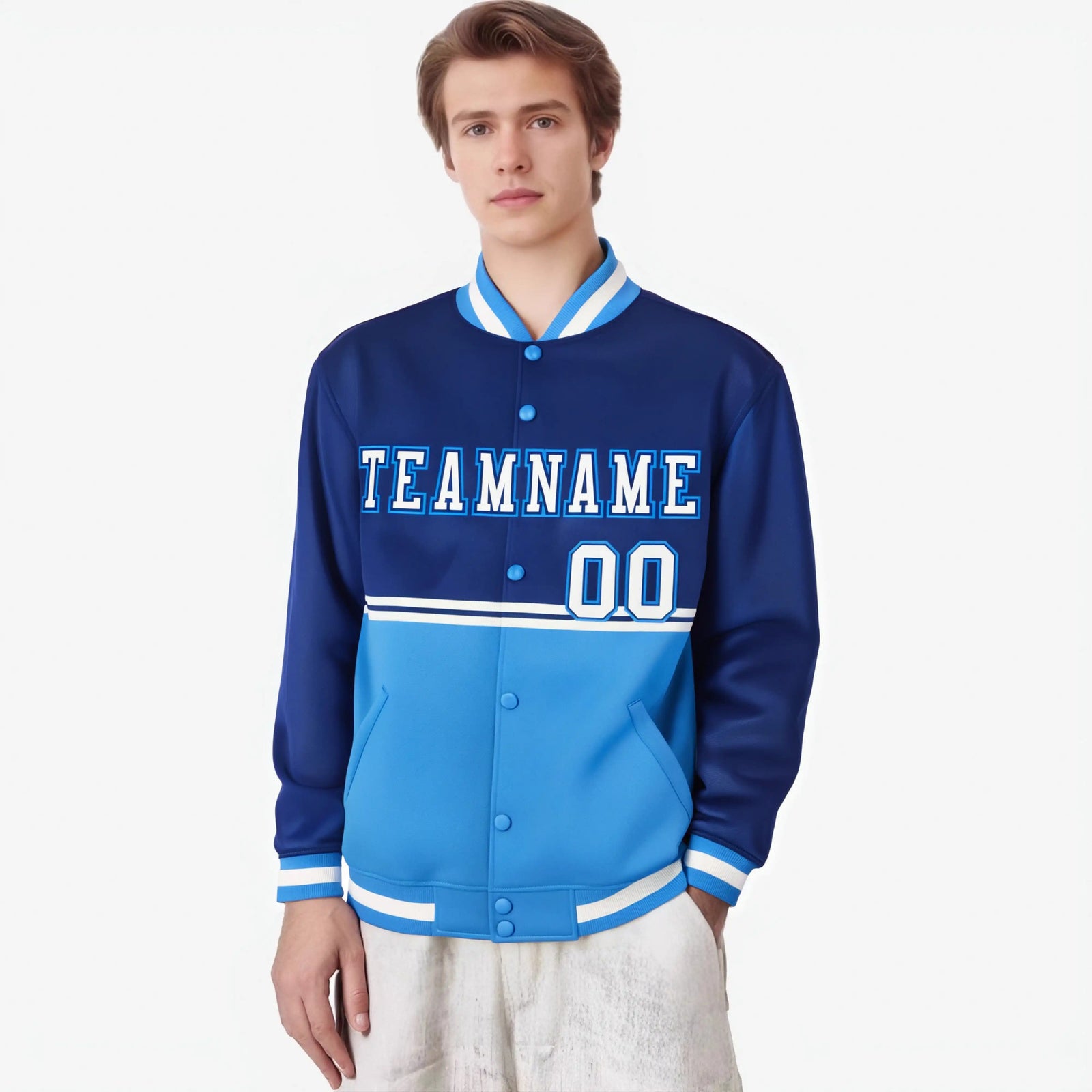 Custom Royal Blue-Powder Blue-Royal Blue Varsity Full-Snap Letterman Color-Matching Split Fashion Jacket