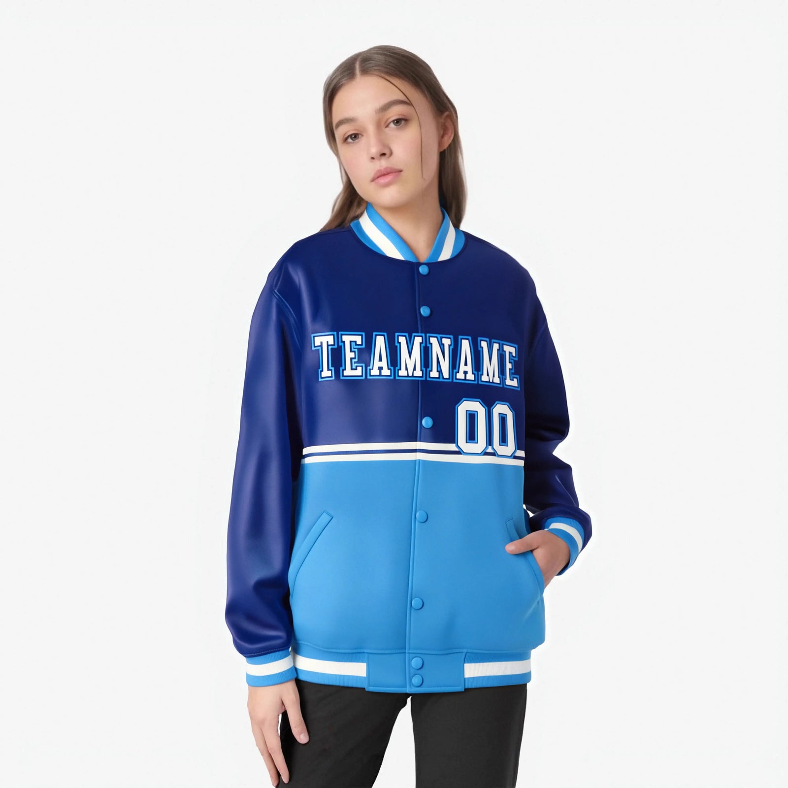 Custom Royal Blue-Powder Blue-Royal Blue Varsity Full-Snap Letterman Color-Matching Split Fashion Jacket