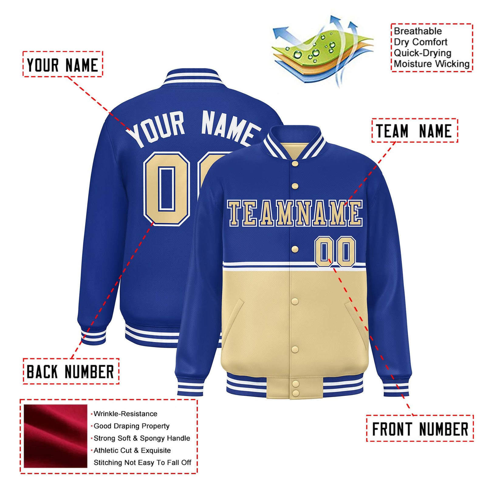 Custom Royal Blue-Cream-Royal Blue Varsity Full-Snap Letterman Color-Matching Split Fashion Jacket
