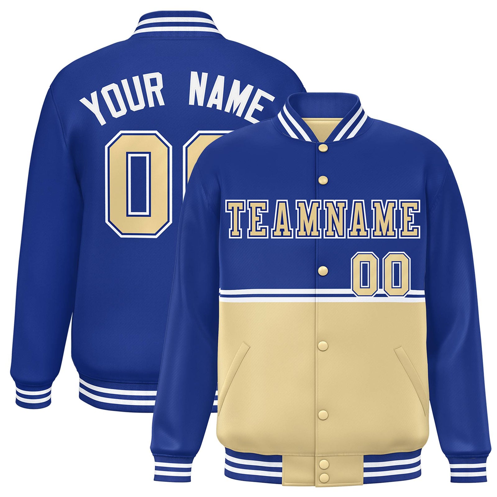 Custom Royal Blue-Cream-Royal Blue Varsity Full-Snap Letterman Color-Matching Split Fashion Jacket