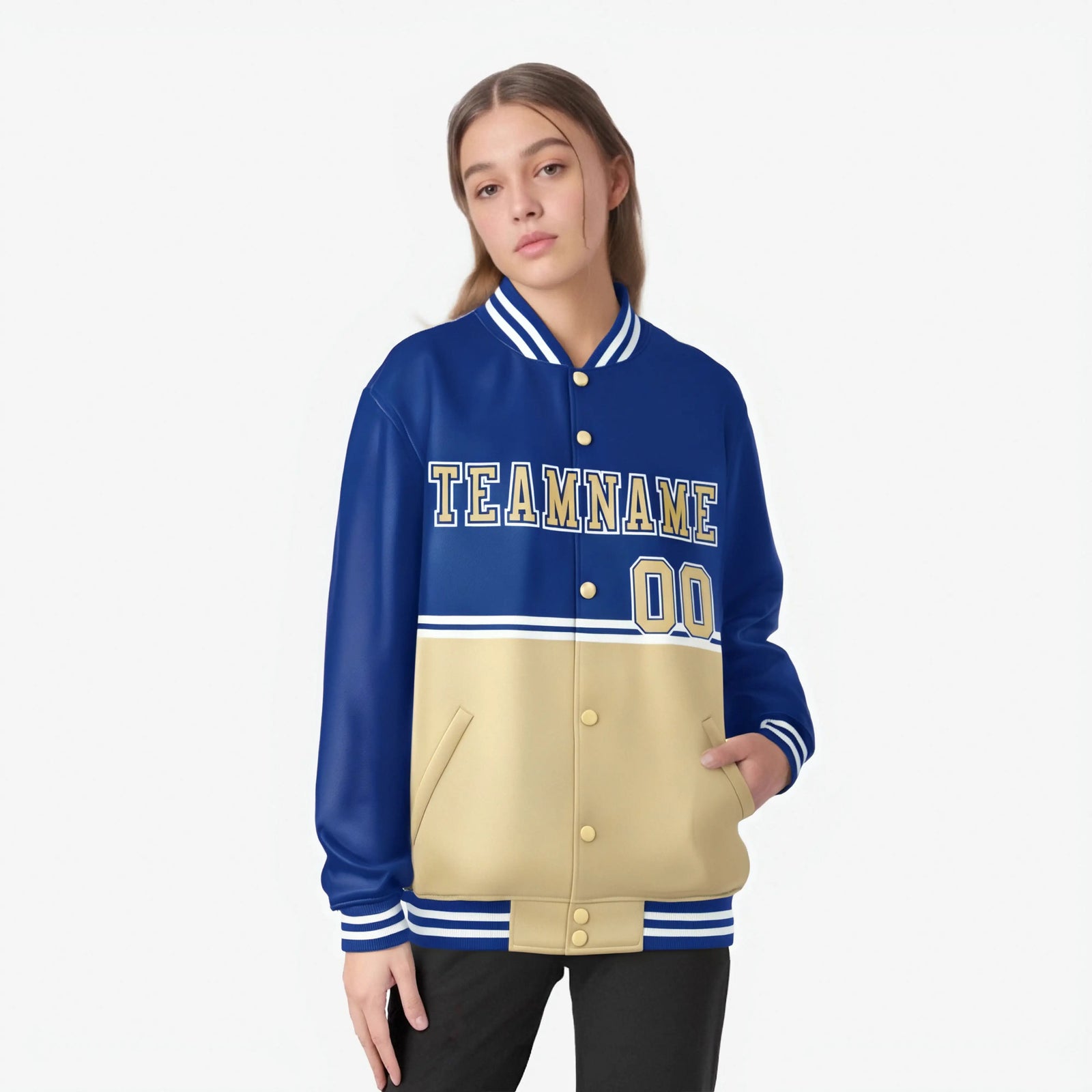 Custom Royal Blue-Cream-Royal Blue Varsity Full-Snap Letterman Color-Matching Split Fashion Jacket