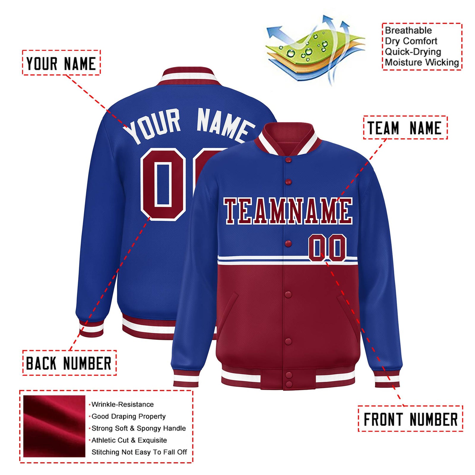 Custom Royal Blue-Crimson-Royal Blue Varsity Full-Snap Letterman Color-Matching Split Fashion Jacket