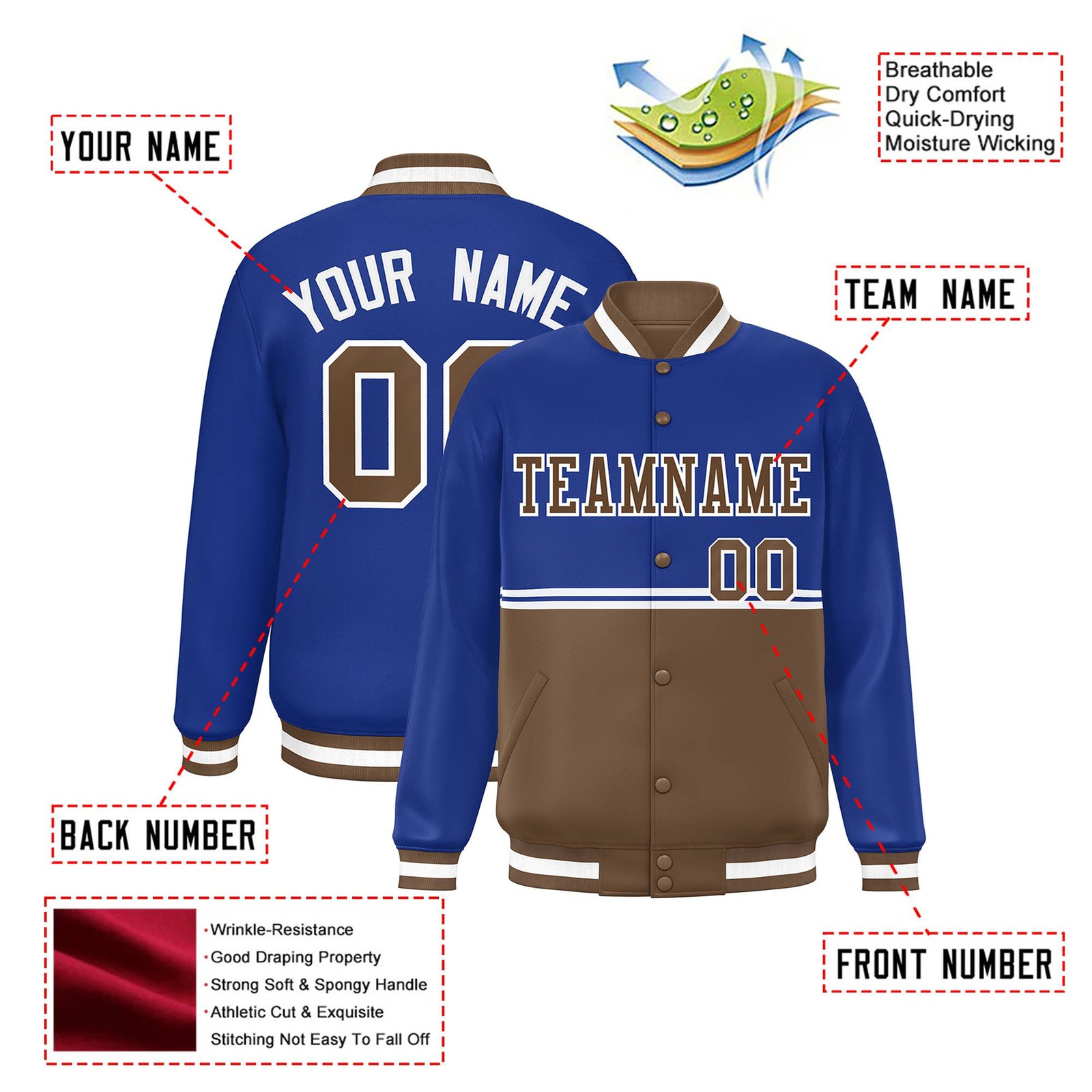 Custom Royal Blue-Brown-Royal Blue Varsity Full-Snap Letterman Color-Matching Split Fashion Jacket