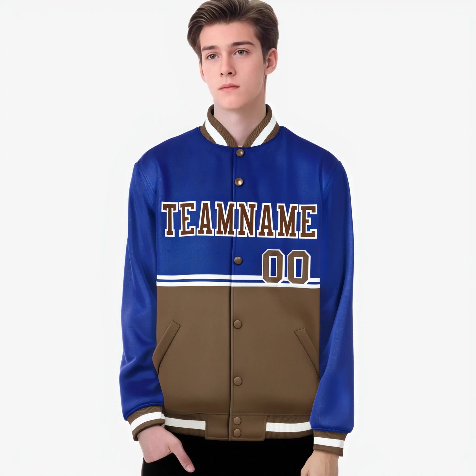 Custom Royal Blue-Brown-Royal Blue Varsity Full-Snap Letterman Color-Matching Split Fashion Jacket