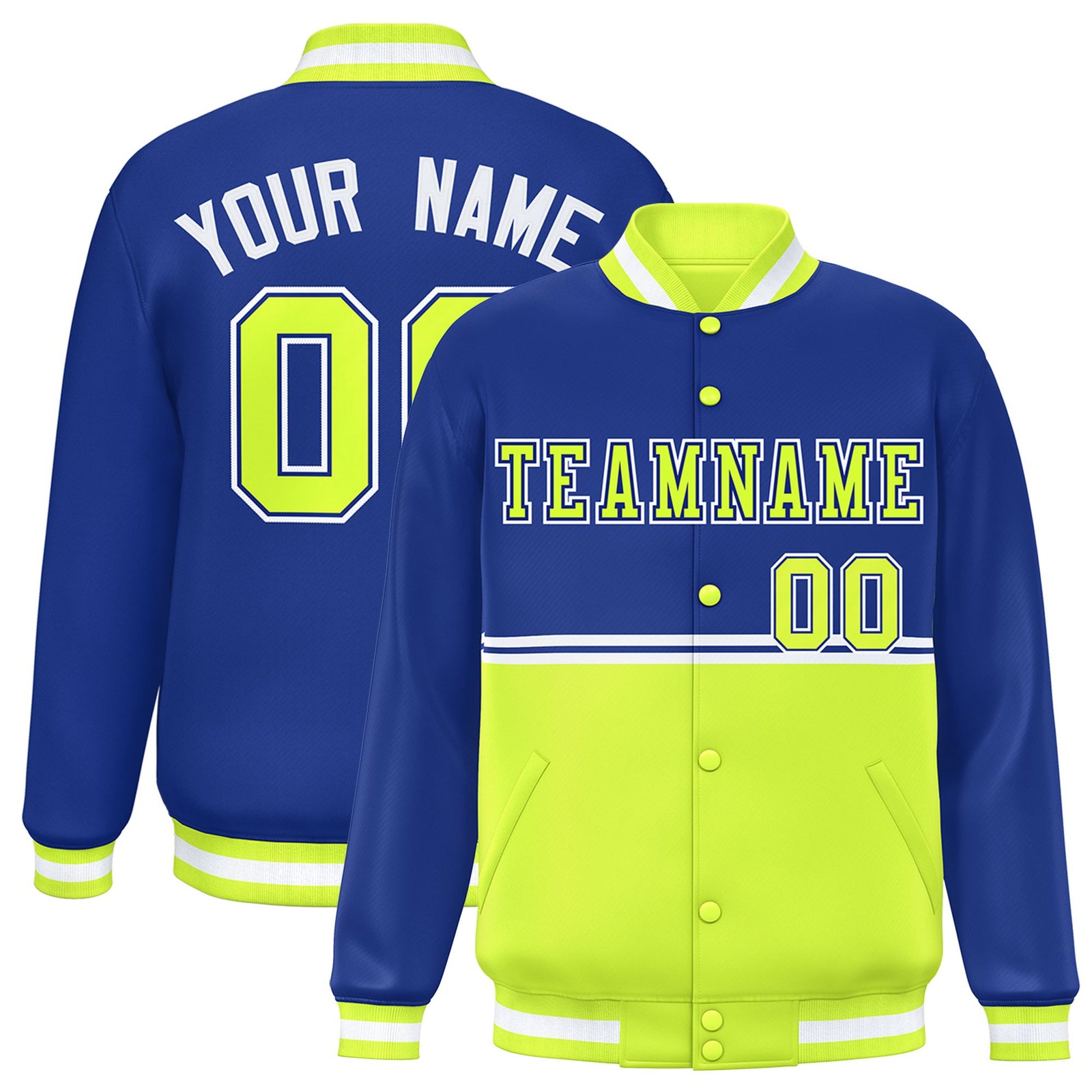 Custom Royal Blue-Fluorescent Green-Royal Blue Varsity Full-Snap Letterman Color-Matching Split Fashion Jacket