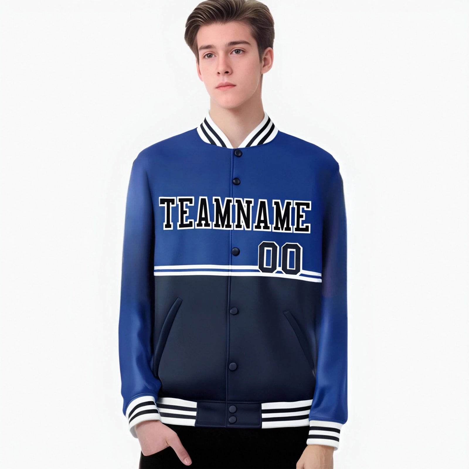 Custom Royal Blue-Navy-Royal Blue Varsity Full-Snap Letterman Color-Matching Split Fashion Jacket