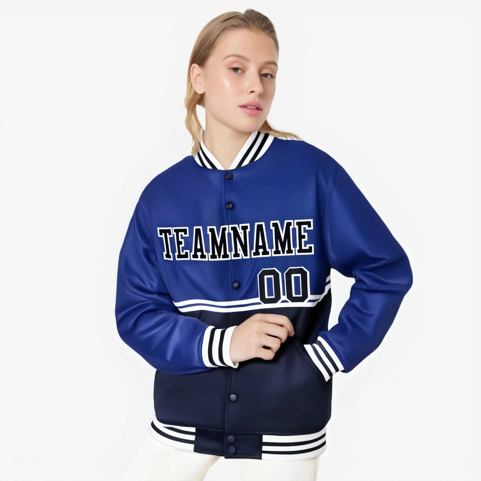 Custom Royal Blue-Navy-Royal Blue Varsity Full-Snap Letterman Color-Matching Split Fashion Jacket