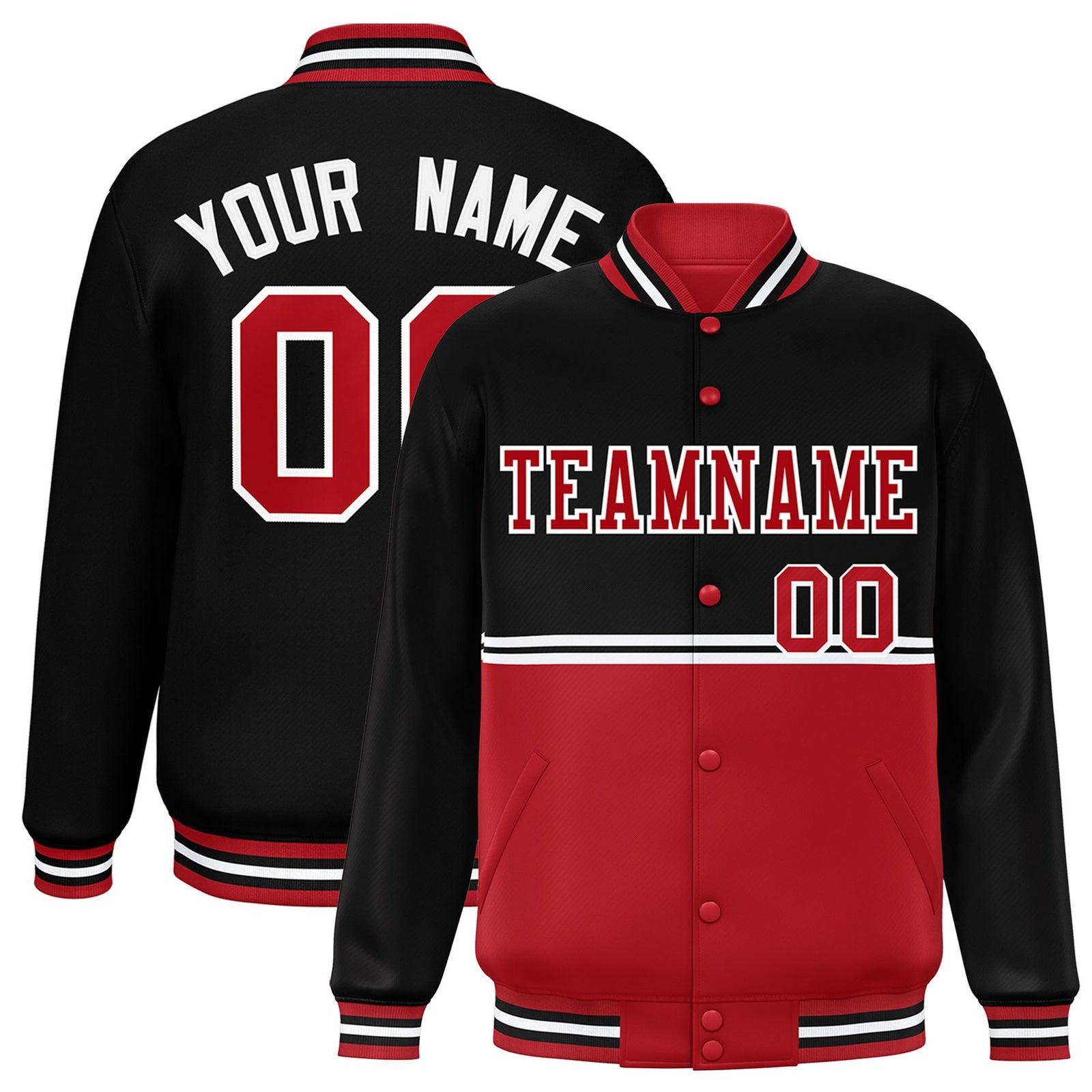 Custom Black-Red-Black Varsity Full-Snap Letterman Color-Matching Split Fashion Jacket