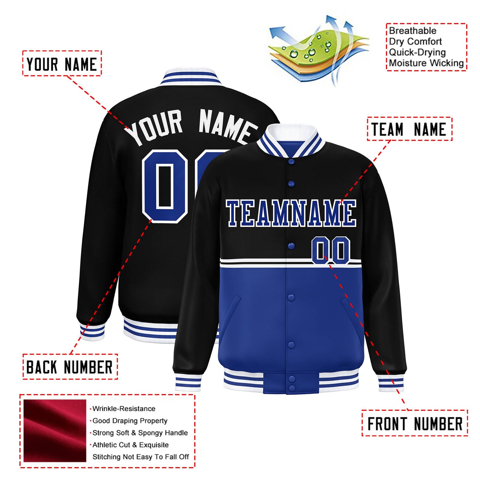Custom Black-Royal Blue-Black Varsity Full-Snap Letterman Color-Matching Split Fashion Jacket