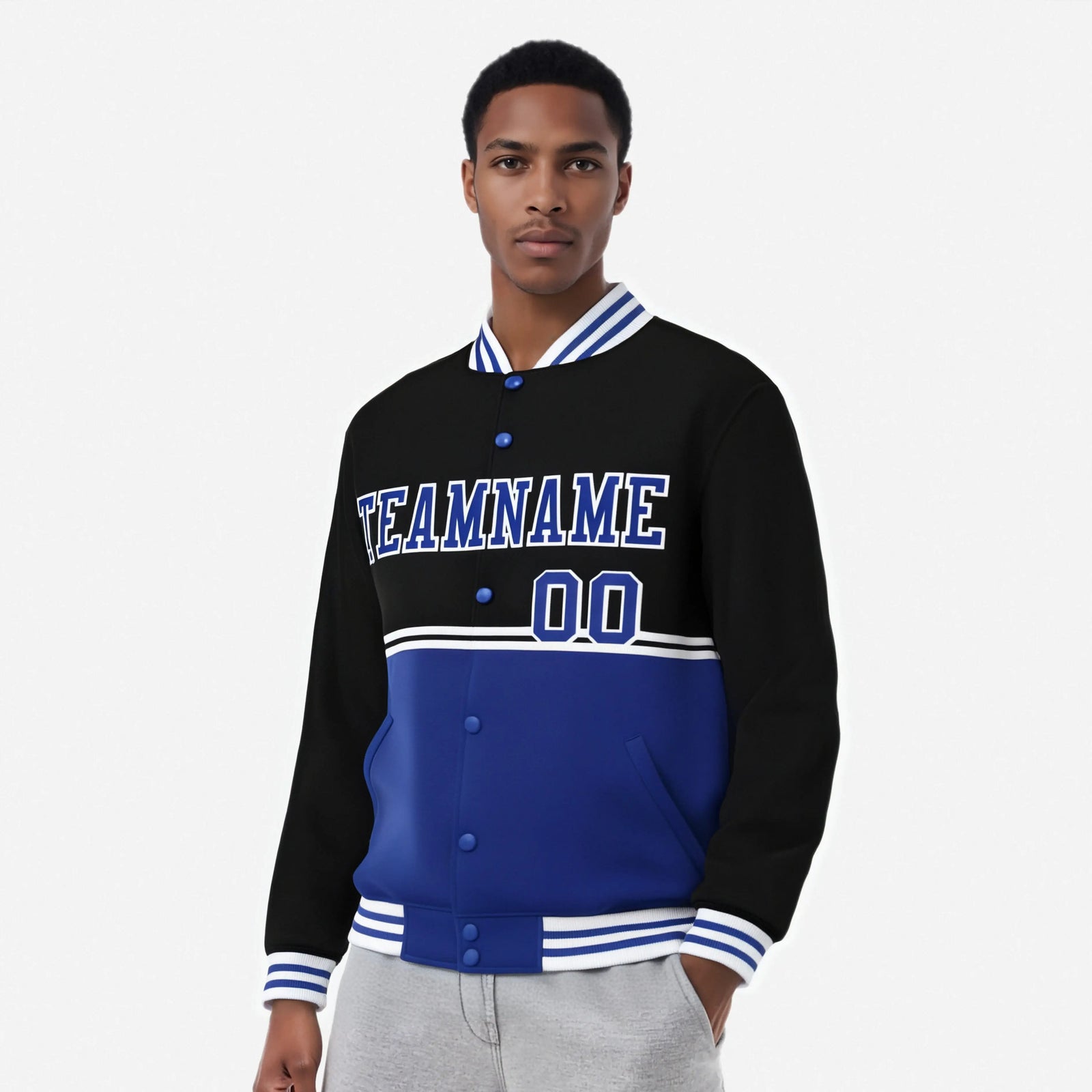 Custom Black-Royal Blue-Black Varsity Full-Snap Letterman Color-Matching Split Fashion Jacket