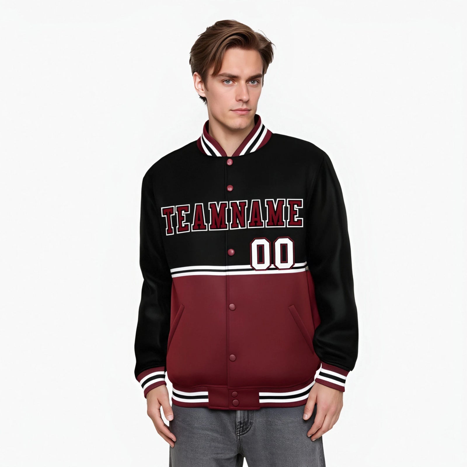 Custom Black-Crimson-Black Varsity Full-Snap Letterman Color-Matching Split Fashion Jacket