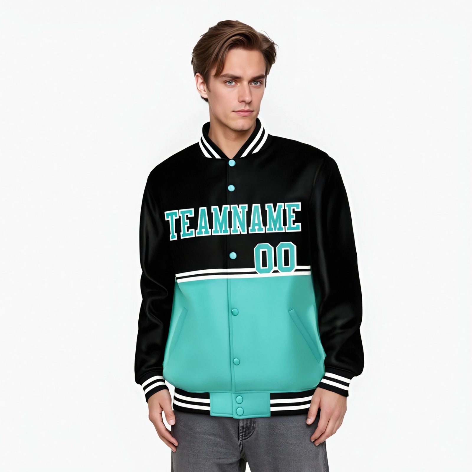 Custom Black-Aqua-Black Varsity Full-Snap Letterman Color-Matching Split Fashion Jacket