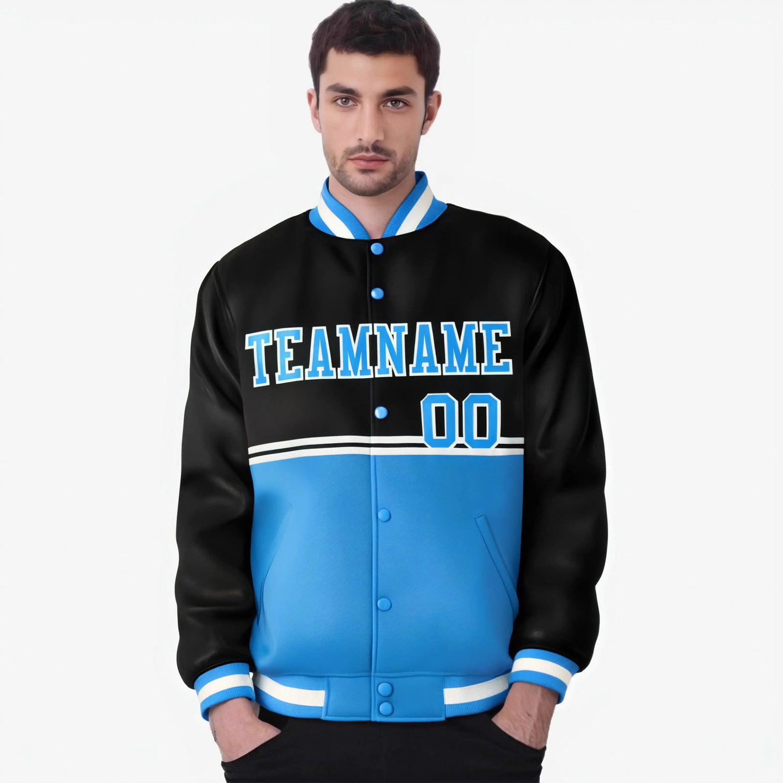 Custom Black-Powder Blue-Black Varsity Full-Snap Letterman Color-Matching Split Fashion Jacket