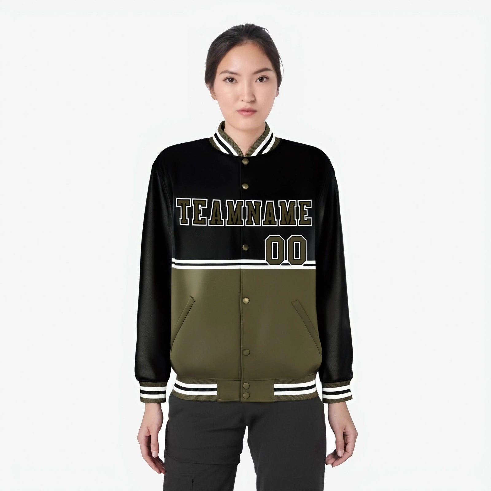 Custom Black-Olive-Black Varsity Full-Snap Letterman Color-Matching Split Fashion Jacket