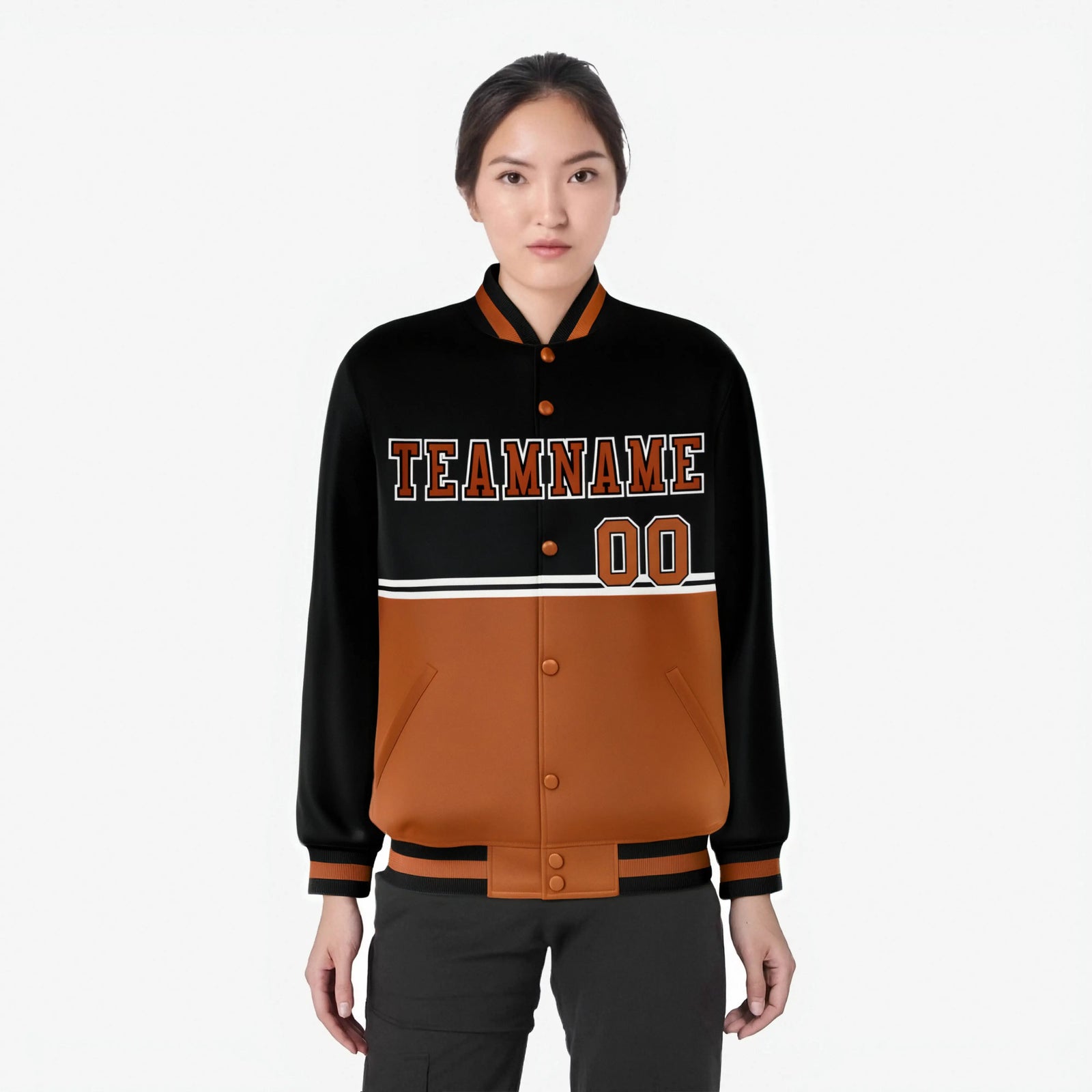 Custom Black-Munsell-Black Varsity Full-Snap Letterman Color-Matching Split Fashion Jacket