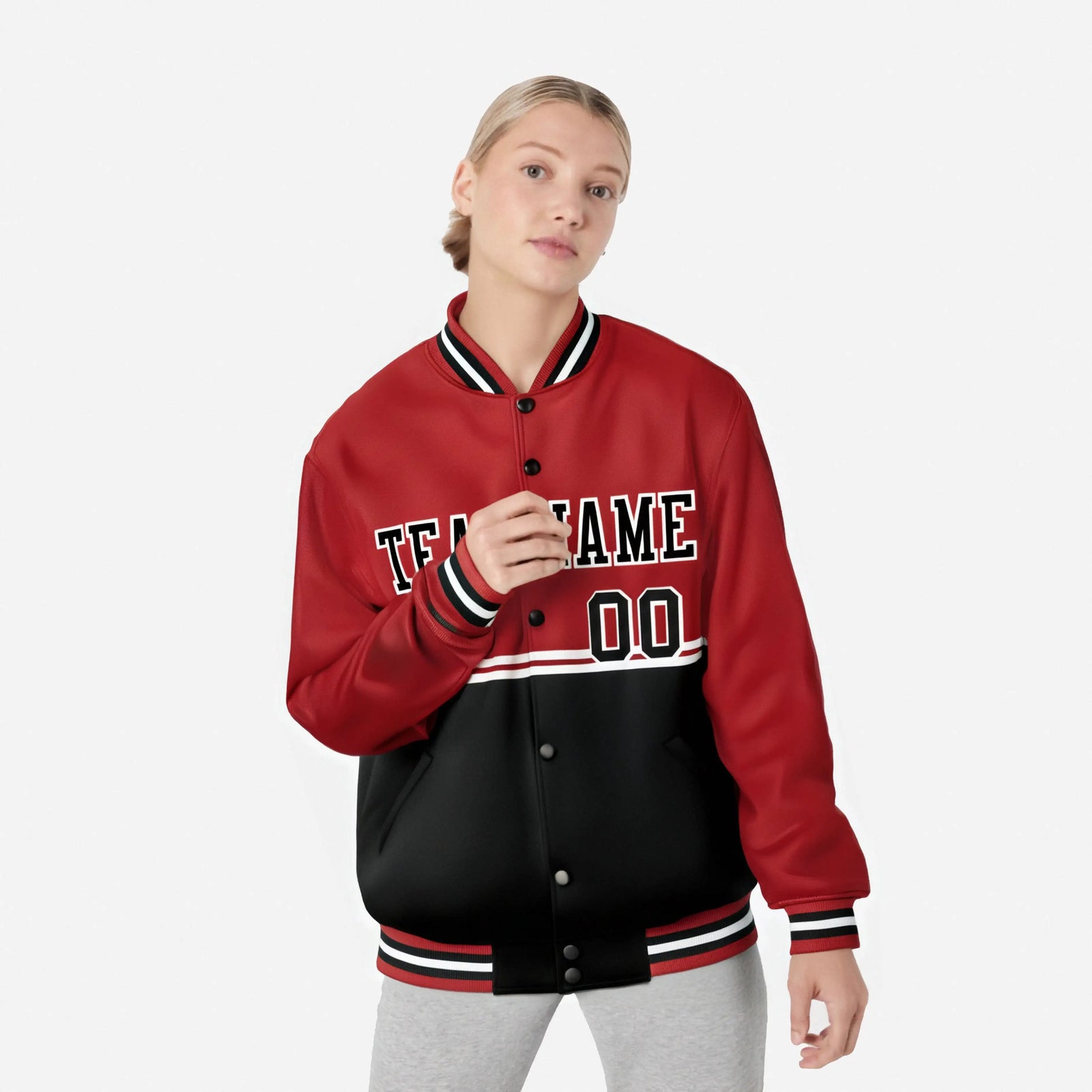 Custom Red-Black-Red Varsity Full-Snap Letterman Color-Matching Split Fashion Jacket