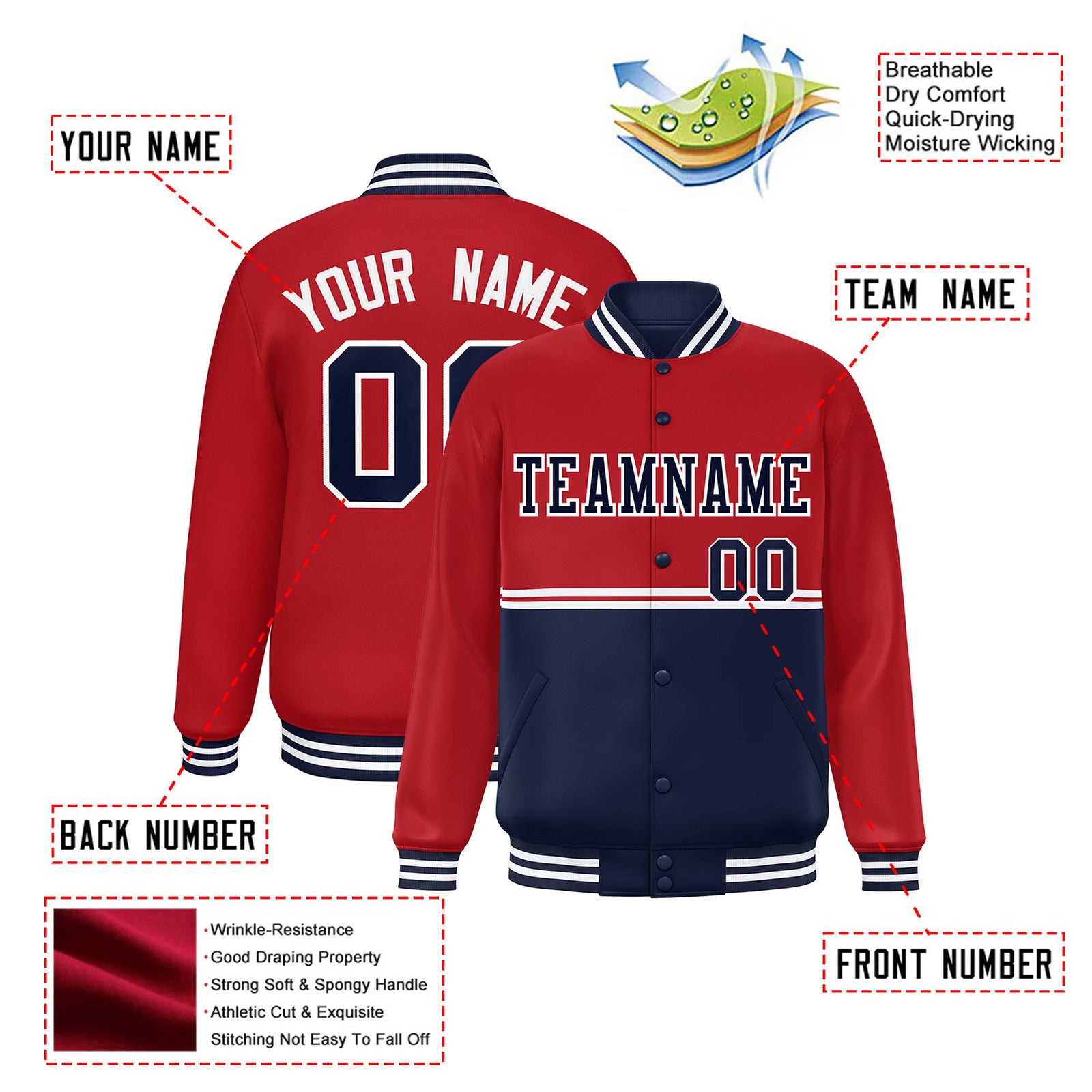 Custom Red-Navy-Red Varsity Full-Snap Letterman Color-Matching Split Fashion Jacket