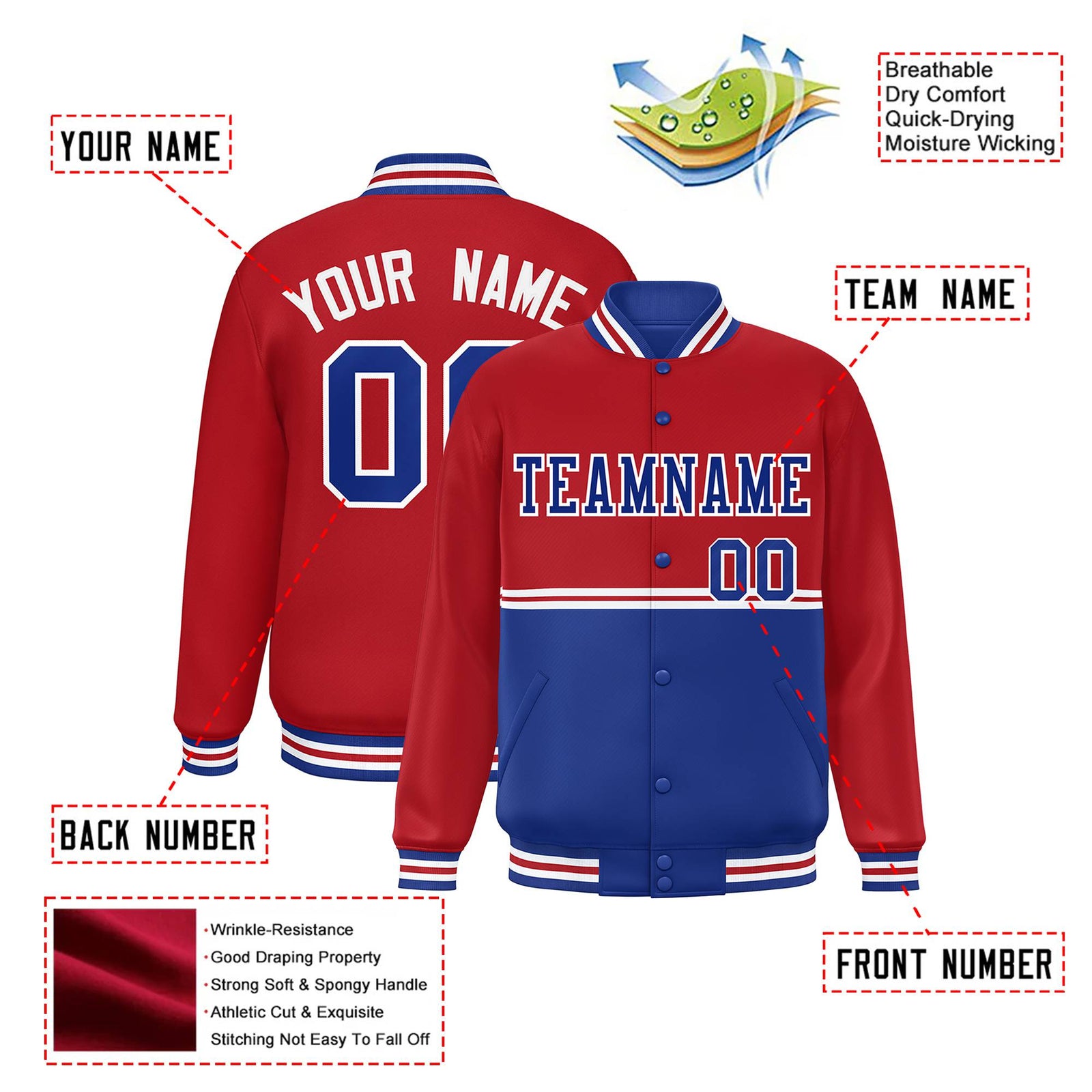 Custom Red-Royal Blue-Red Varsity Full-Snap Letterman Color-Matching Split Fashion Jacket