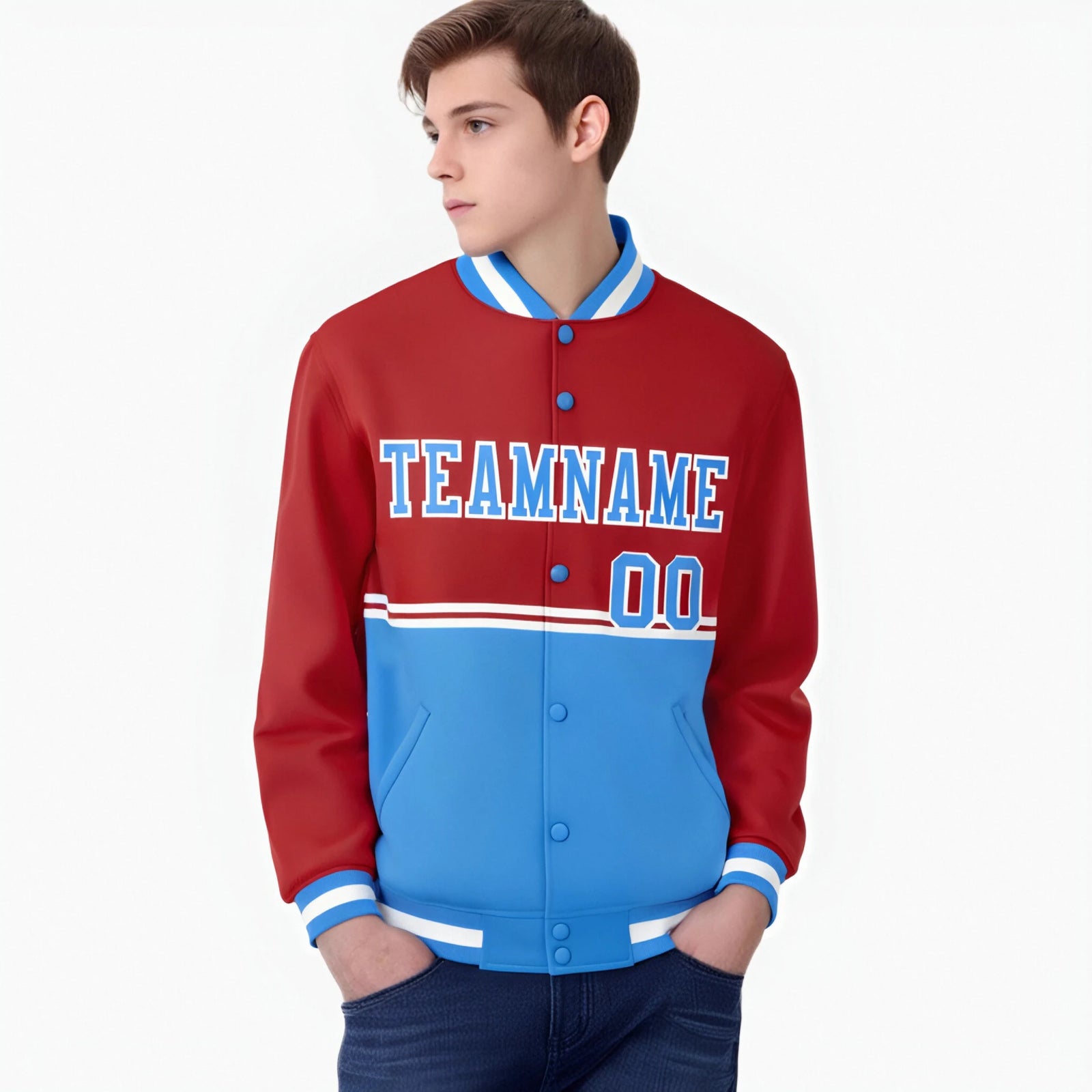 Custom Red-Powder Blue-Red Varsity Full-Snap Letterman Color-Matching Split Fashion Jacket
