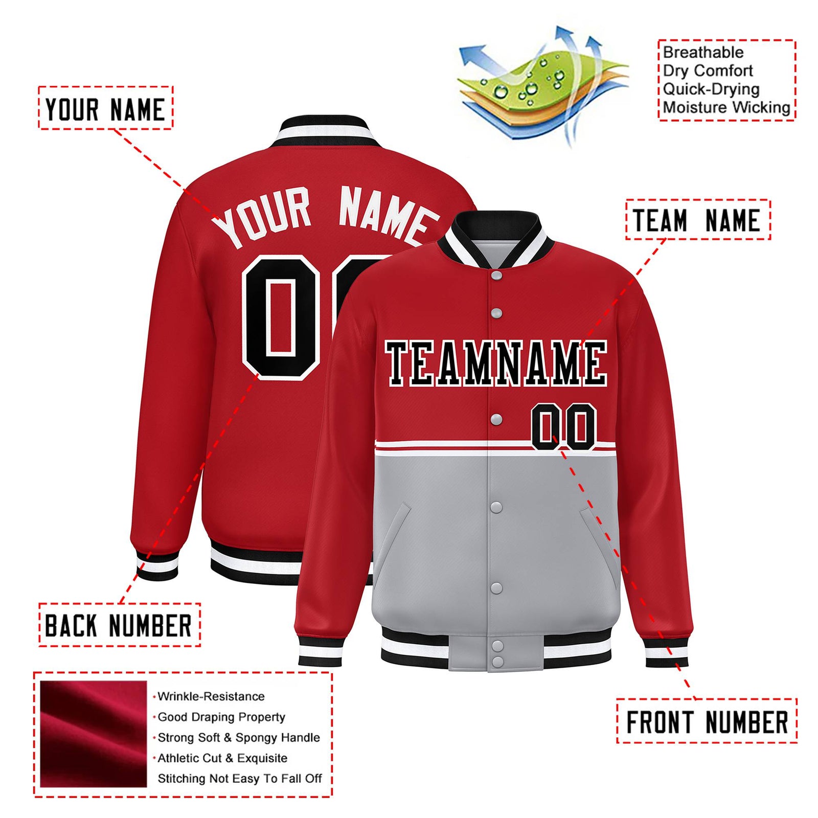 Custom Red-Gray-Red Varsity Full-Snap Letterman Color-Matching Split Fashion Jacket